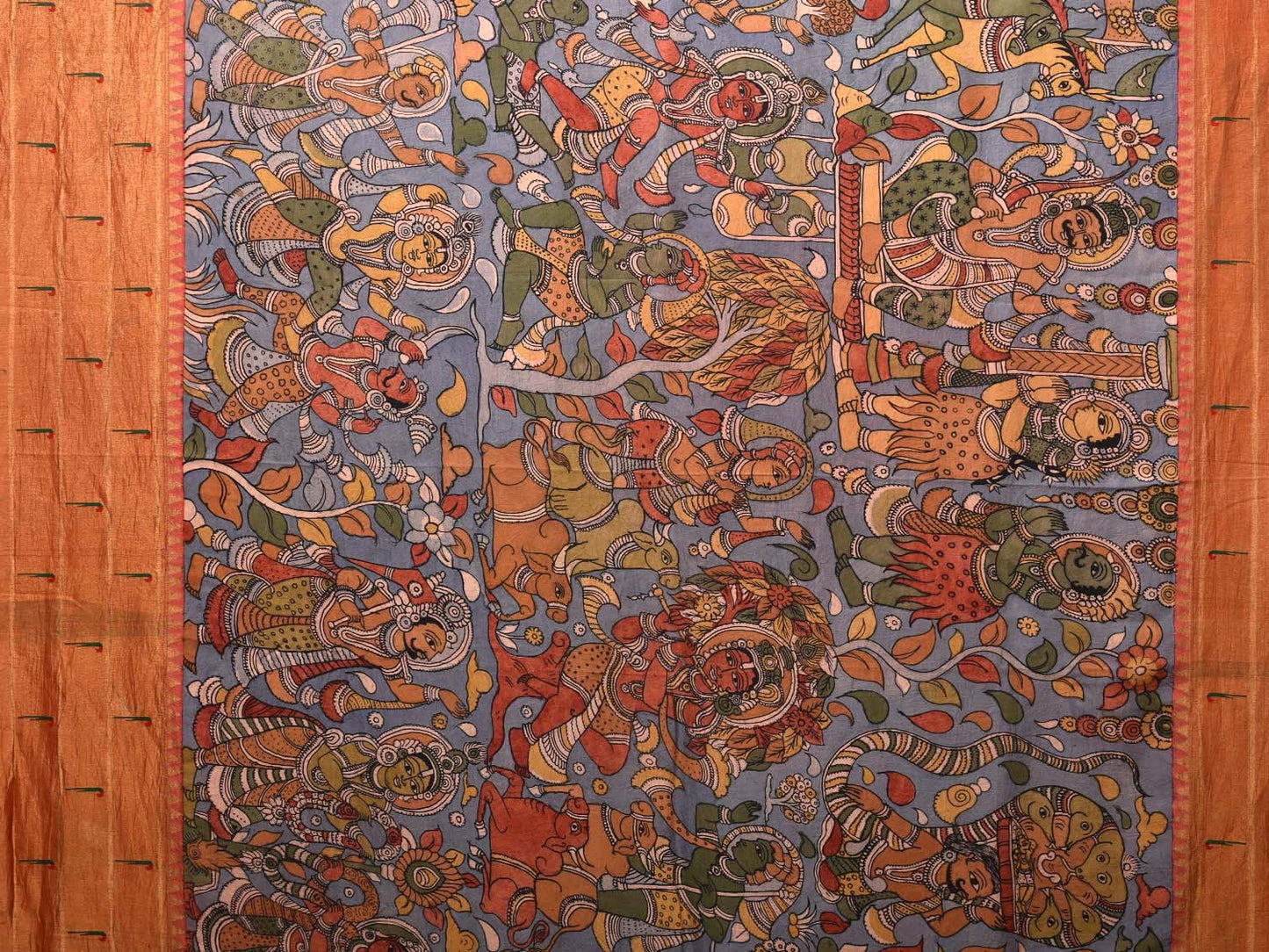 Blue Kalamkari Hand Painted Paithani Silk Handloom Saree with Krishna Leela and Muniya Border Design No Blouse KL0710