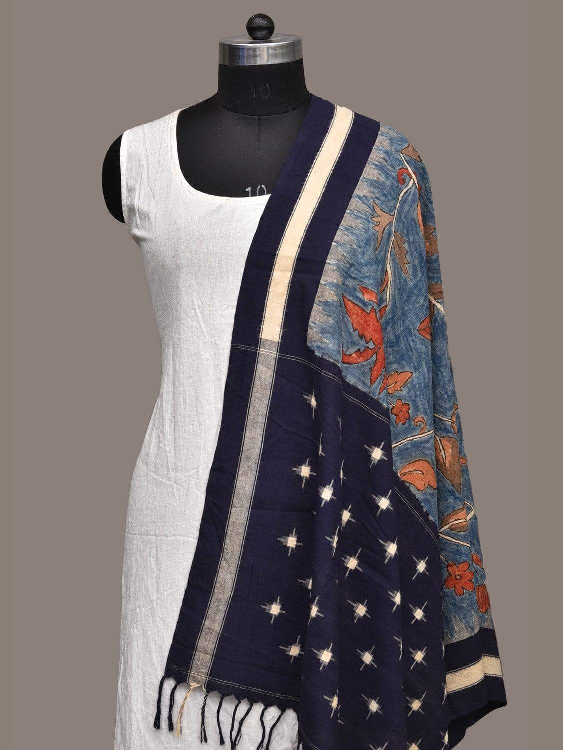 Blue Kalamkari Hand Painted Pochampally Ikat Cotton Handloom Dupatta with Floral Design ds2271