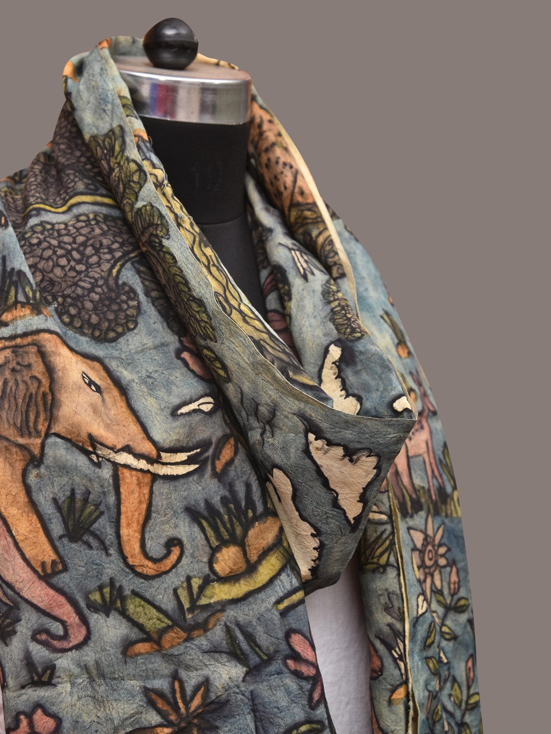 Blue Kalamkari Hand Painted Sico Stole with Animals Design ds3459