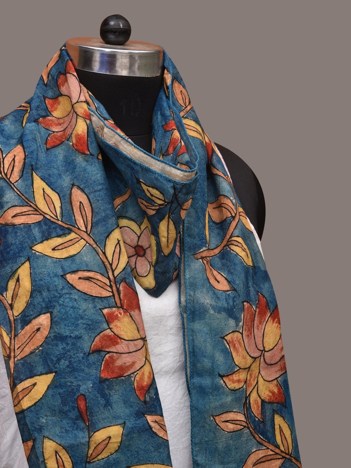 Blue Kalamkari Hand Painted Sico Stole with Flowers Design ds3435