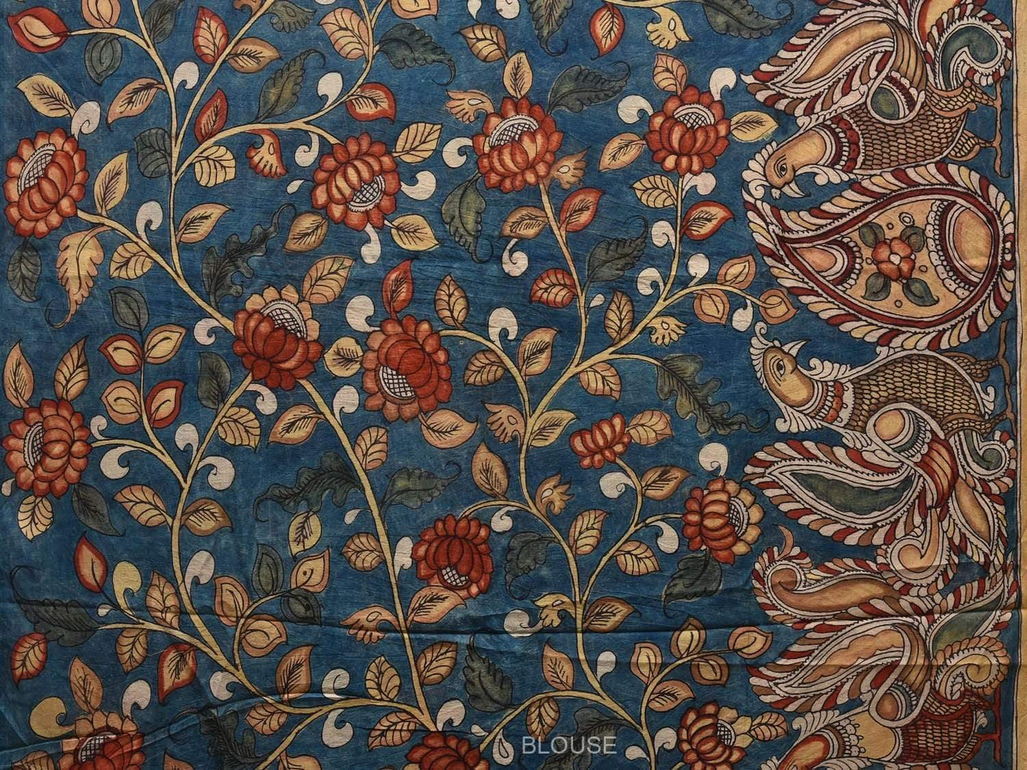 Blue Kalamkari Hand Painted Silk Handloom Saree with Lotus and Peacocks Design KL0570