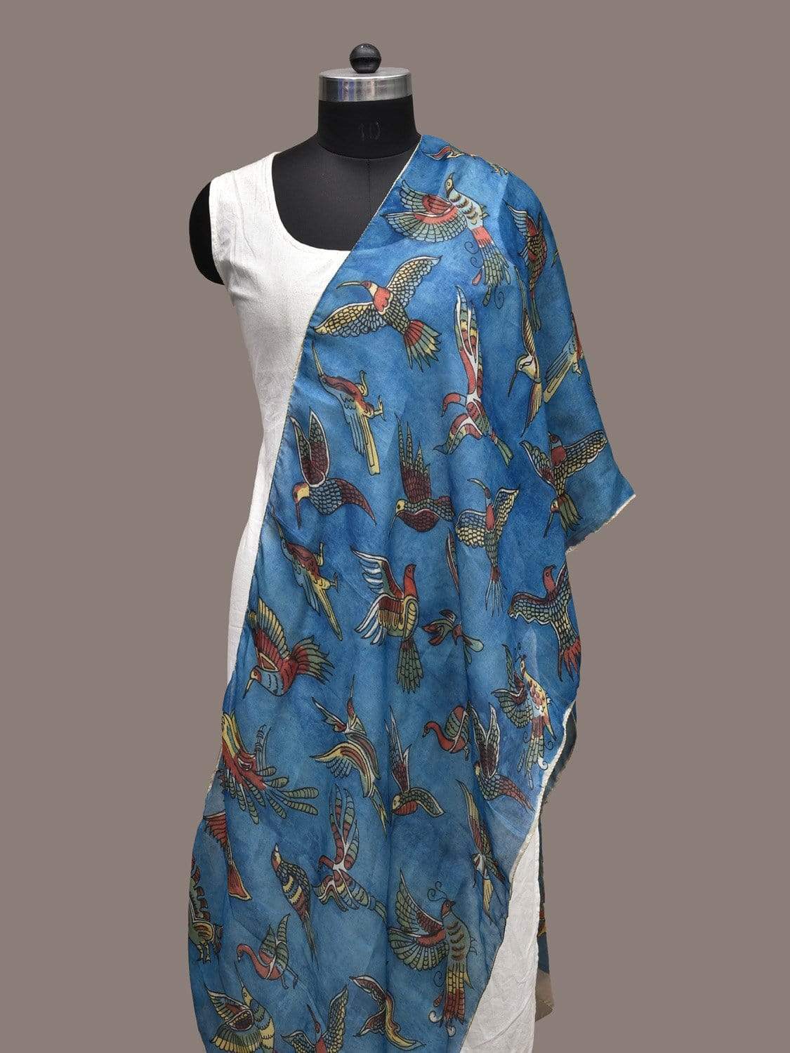 Blue Kalamkari Hand Painted Silk Handloom Stole with Birds Design ds2259
