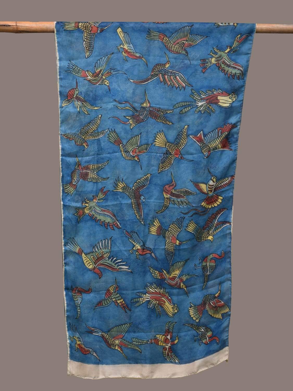Blue Kalamkari Hand Painted Silk Handloom Stole with Birds Design ds2259