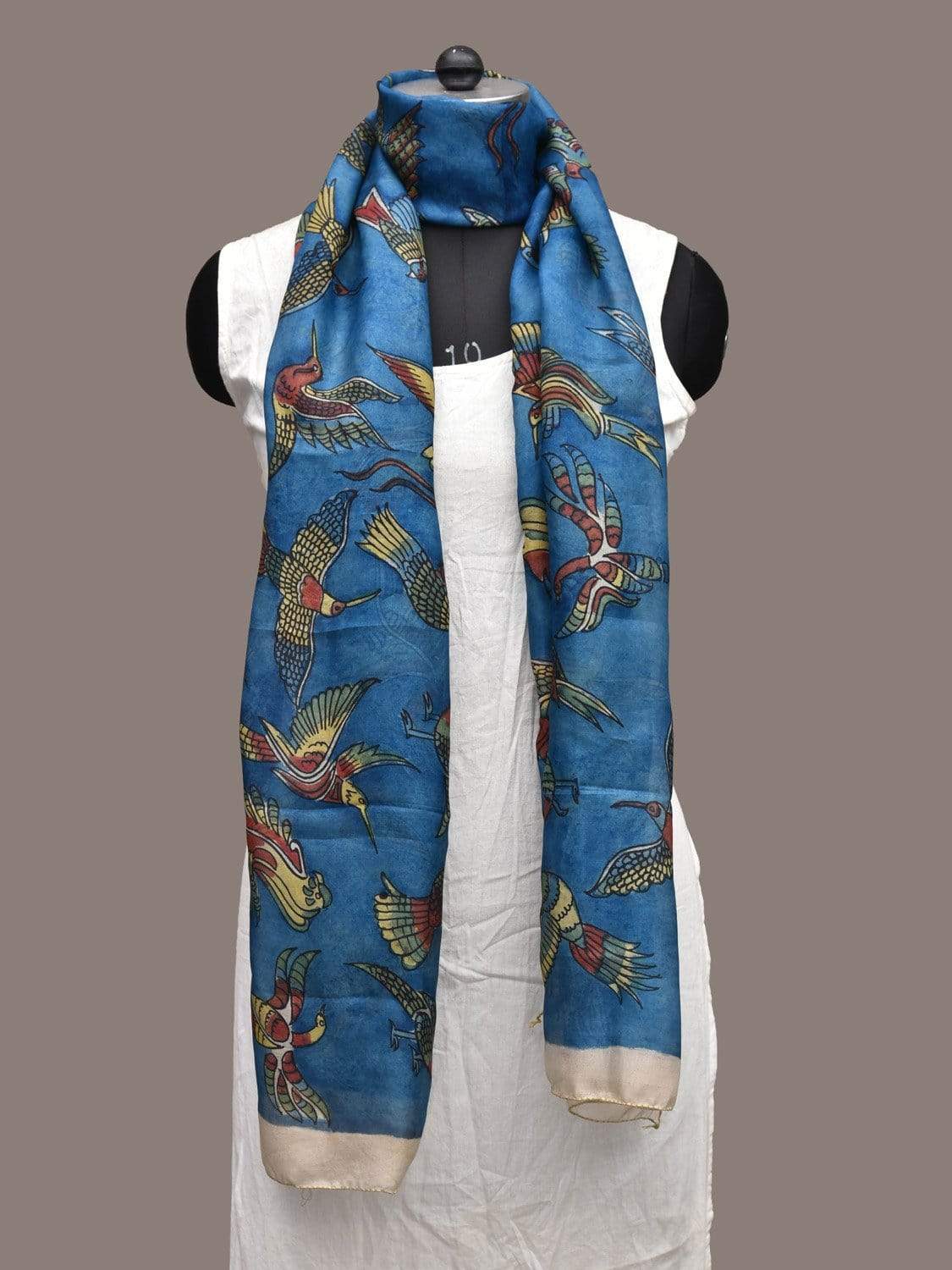 Blue Kalamkari Hand Painted Silk Handloom Stole with Birds Design ds2259
