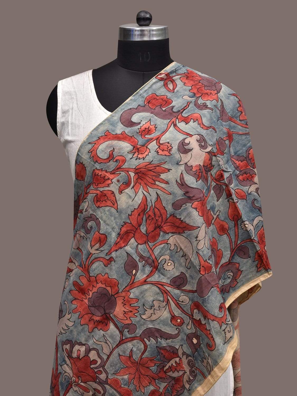 Blue Kalamkari Hand Painted Silk Stole with Floral Design ds2327