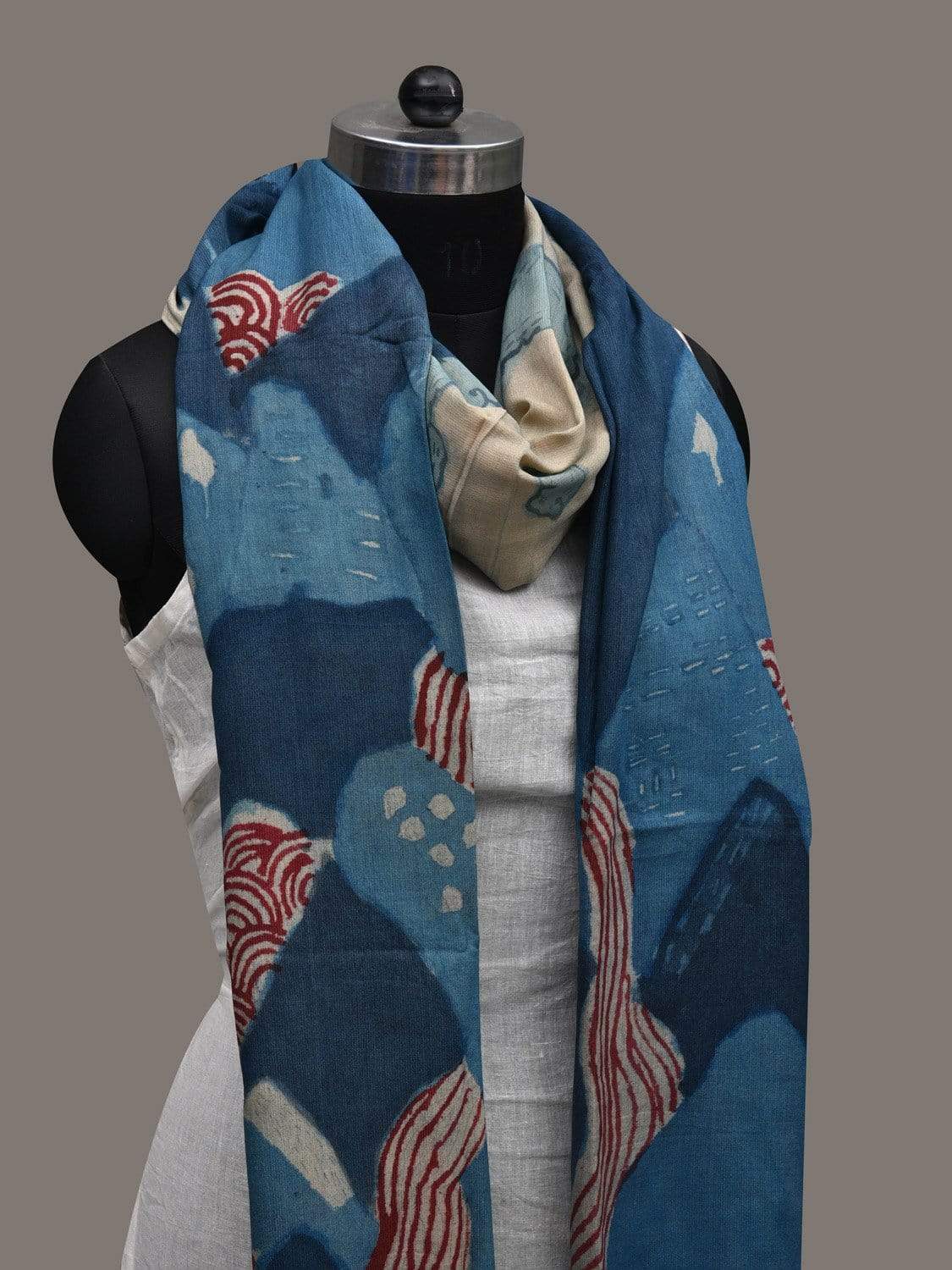 Blue Kalamkari Hand Painted Spun Silk Handloom Dupatta with Mountains Design ds2516