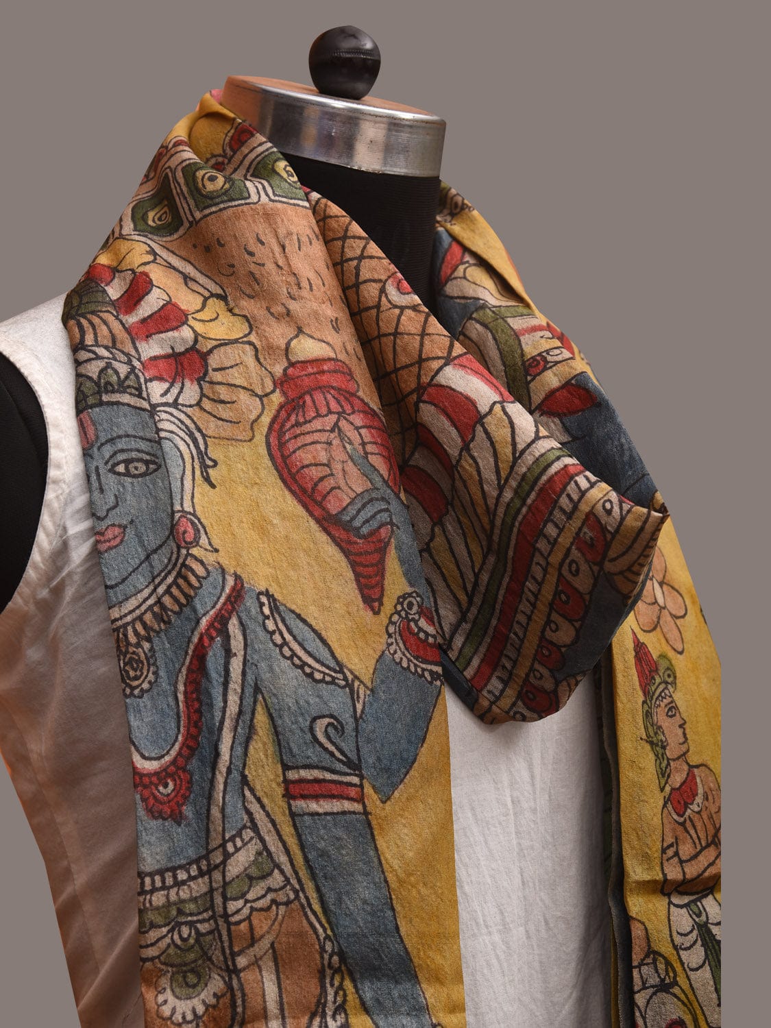 Blue Kalamkari Hand Painted Tussar Handloom Dupatta with Vishnu Design ds3596