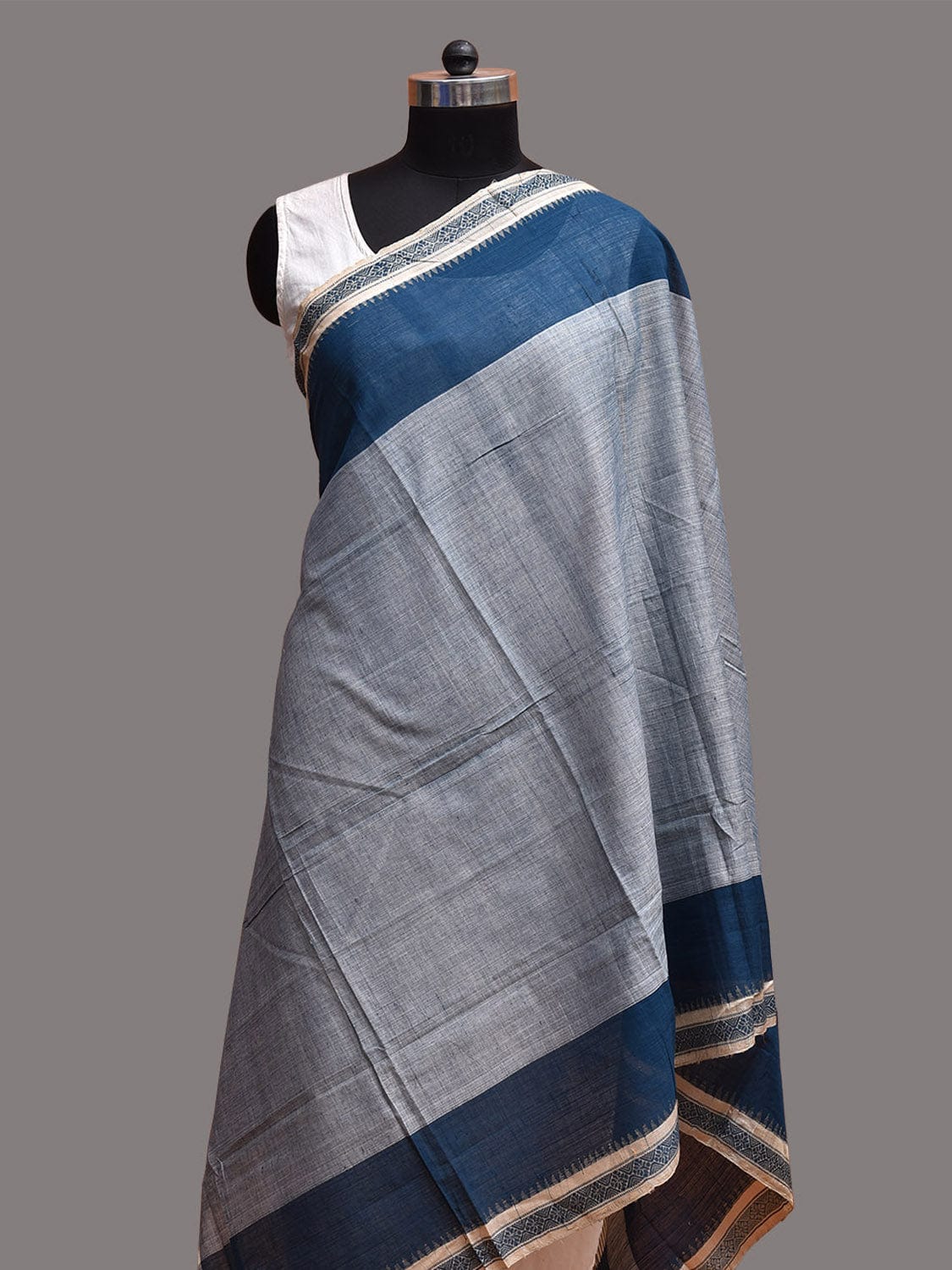 Blue Khadi Cotton Handloom Dupatta with Border and Strips Pallu Design ds3751