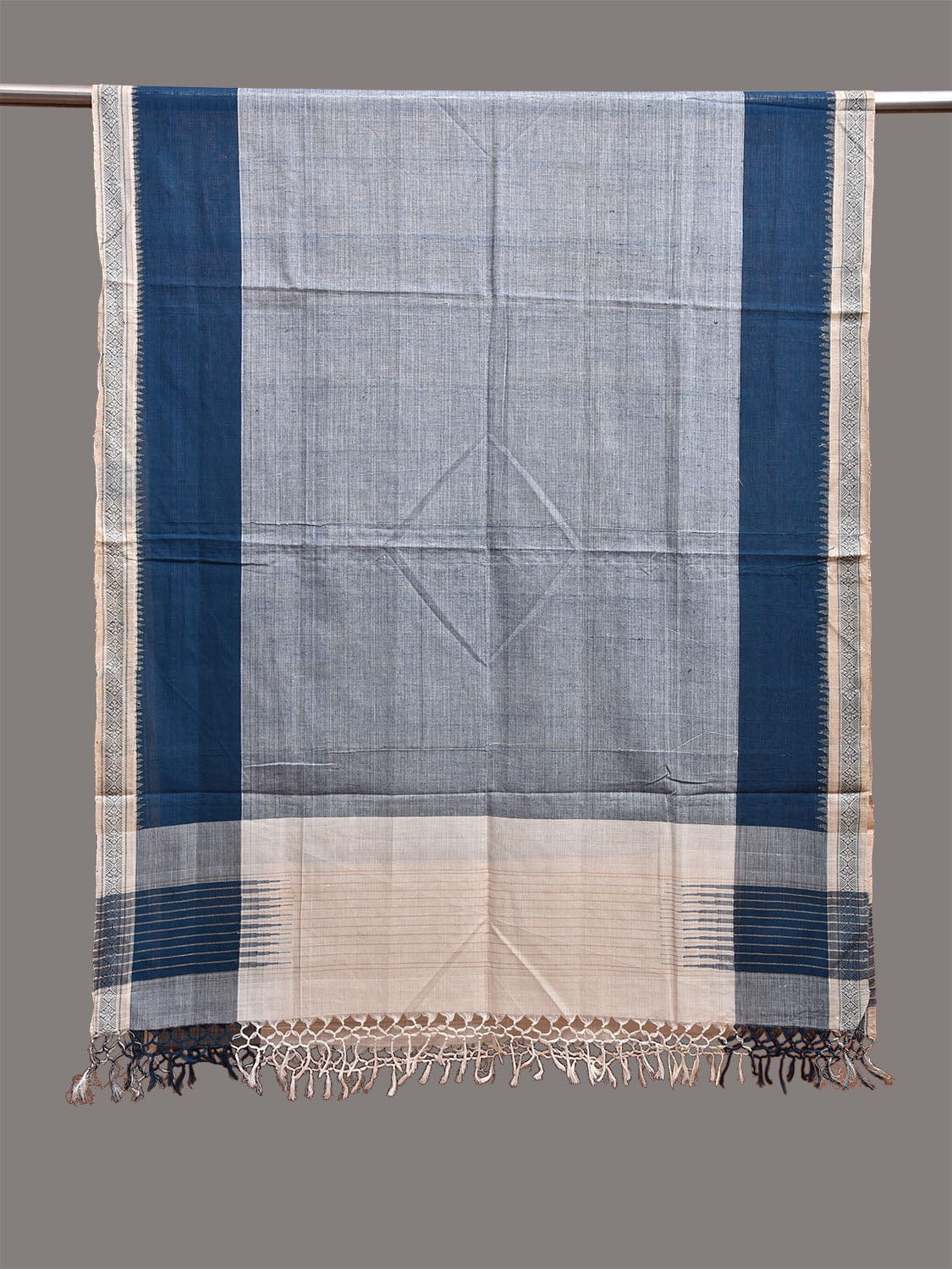 Blue Khadi Cotton Handloom Dupatta with Border and Strips Pallu Design ds3751