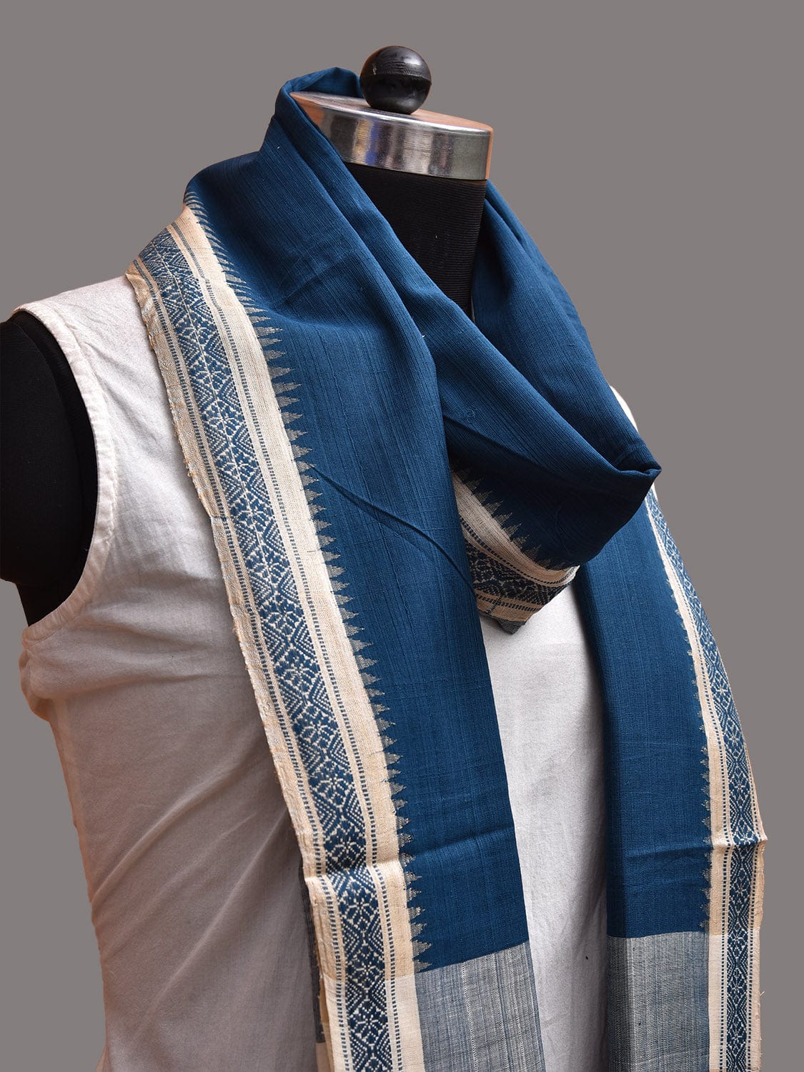 Blue Khadi Cotton Handloom Dupatta with Border and Strips Pallu Design ds3751