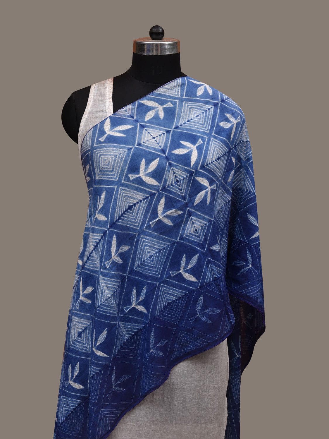 Blue Shibori Cotton Silk Handloom Stole with Floral and Geometric Design ds2942