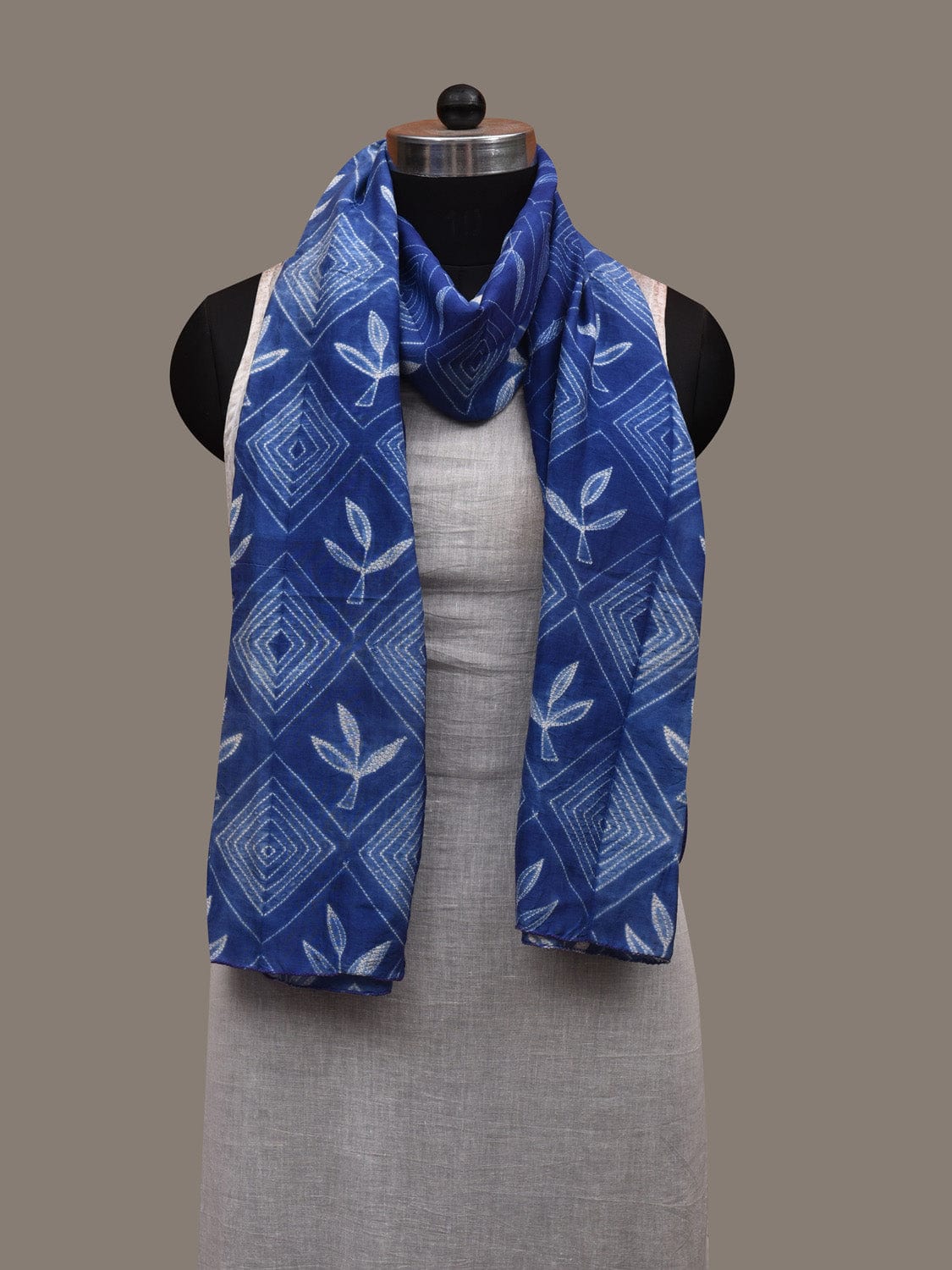 Blue Shibori Cotton Silk Handloom Stole with Floral and Geometric Design ds2942