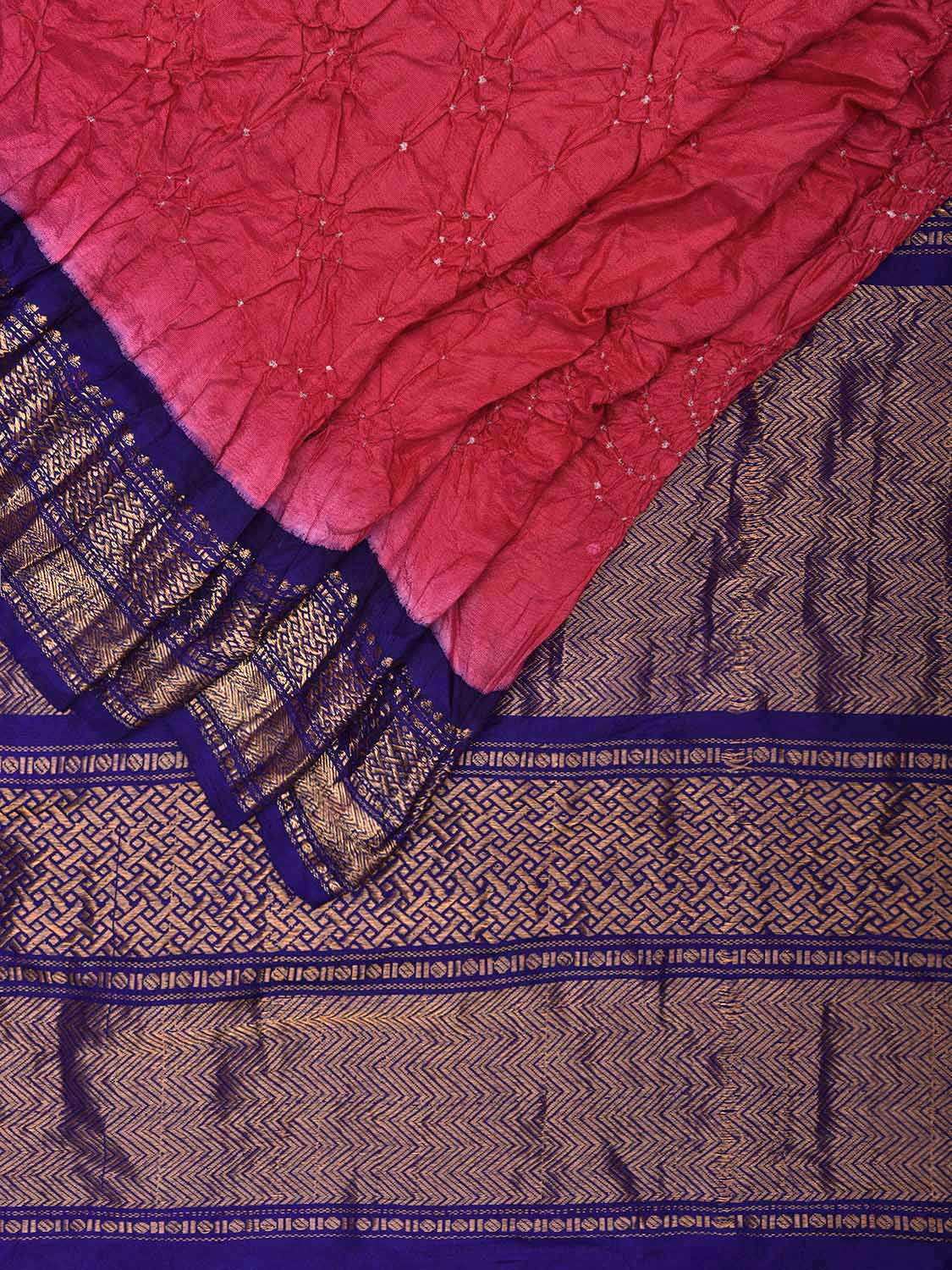Pink and Dark Blue Bandhani Gadwal Silk Handloom Saree with Mango Pallu Design bn0504