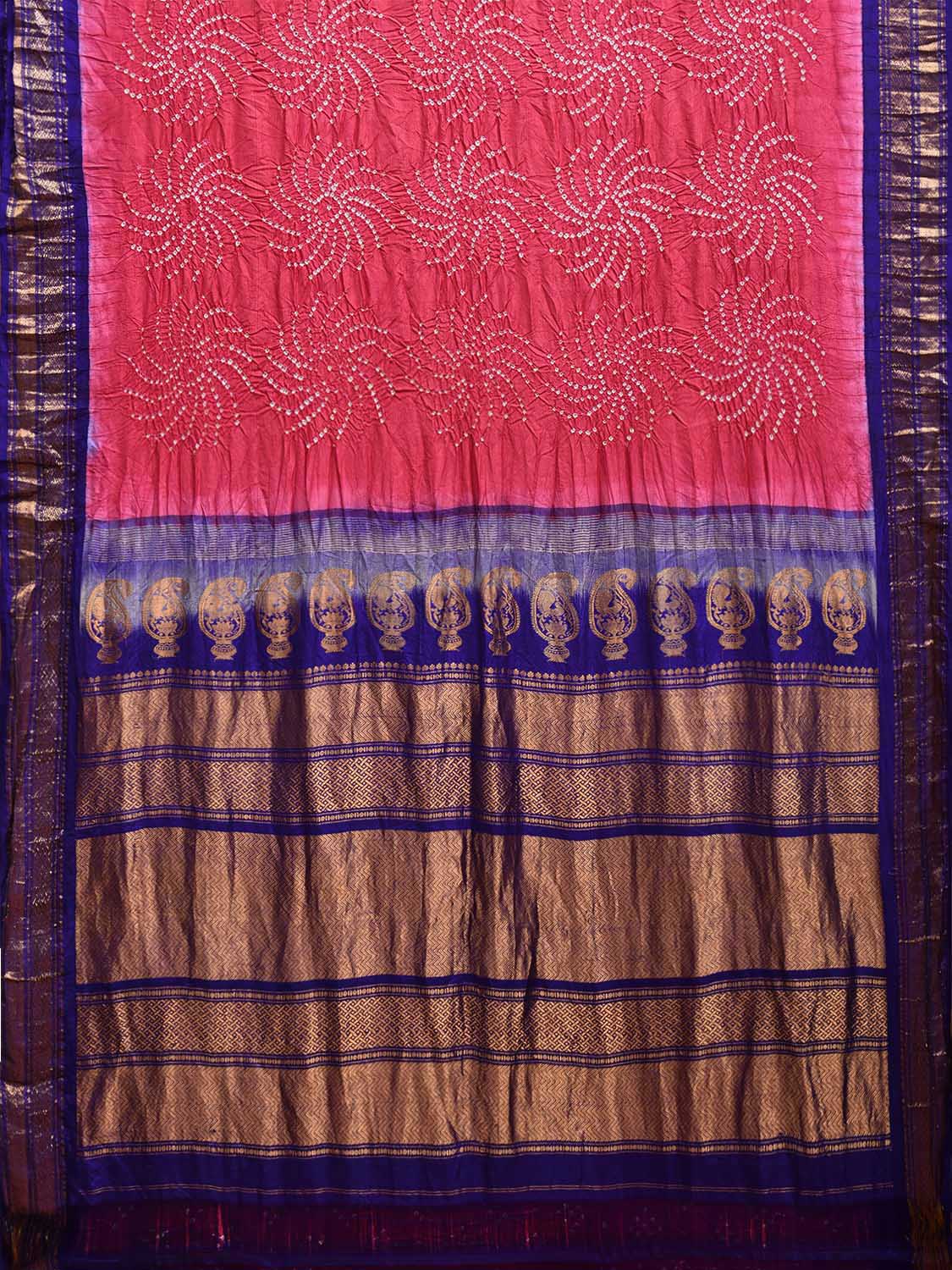 Pink and Dark Blue Bandhani Gadwal Silk Handloom Saree with Mango Pallu Design bn0504