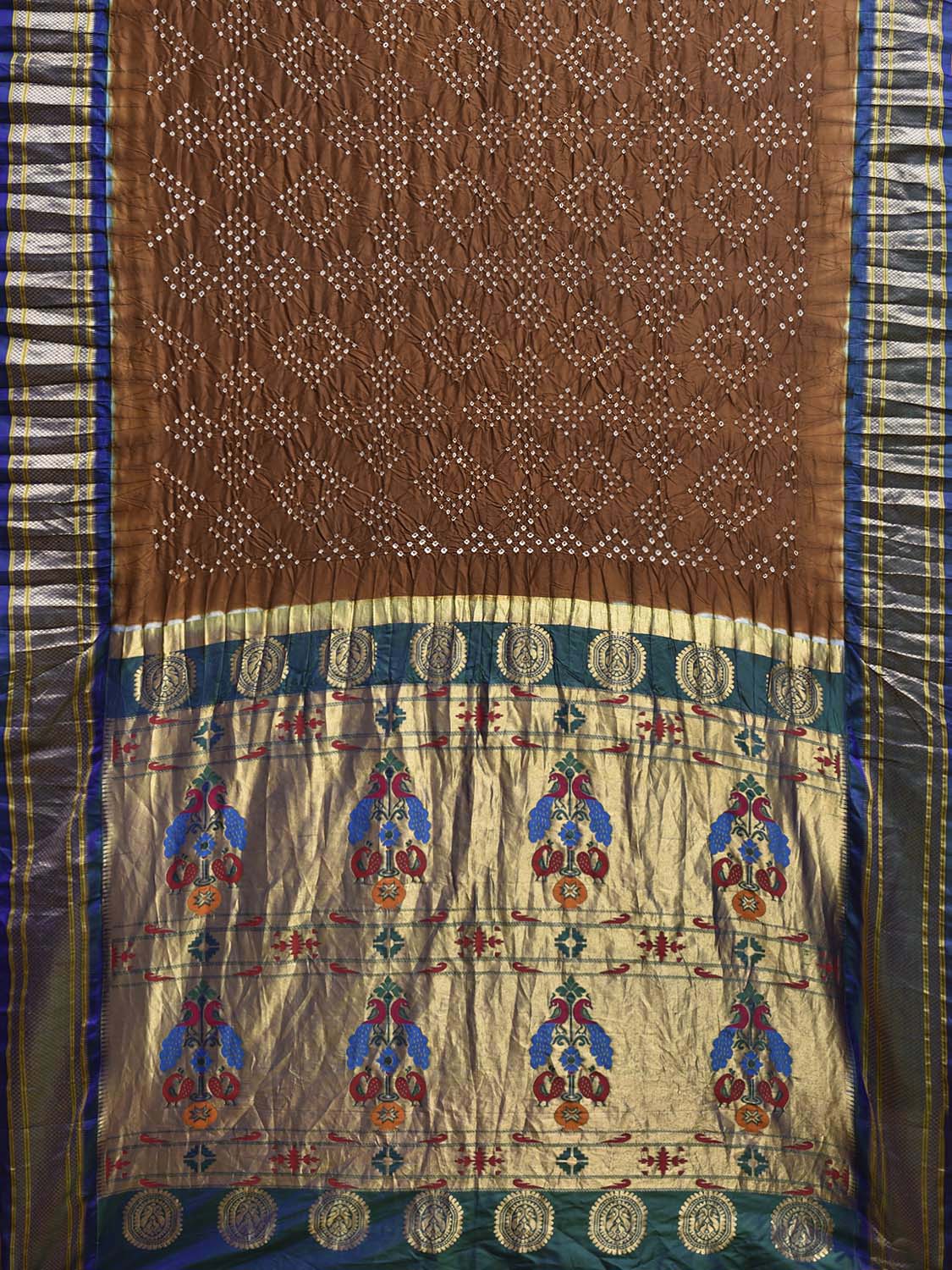 Brown and Teal Bandhani Paithani Silk Saree with Geometric Body and Peacocks Pallu Design bn0507