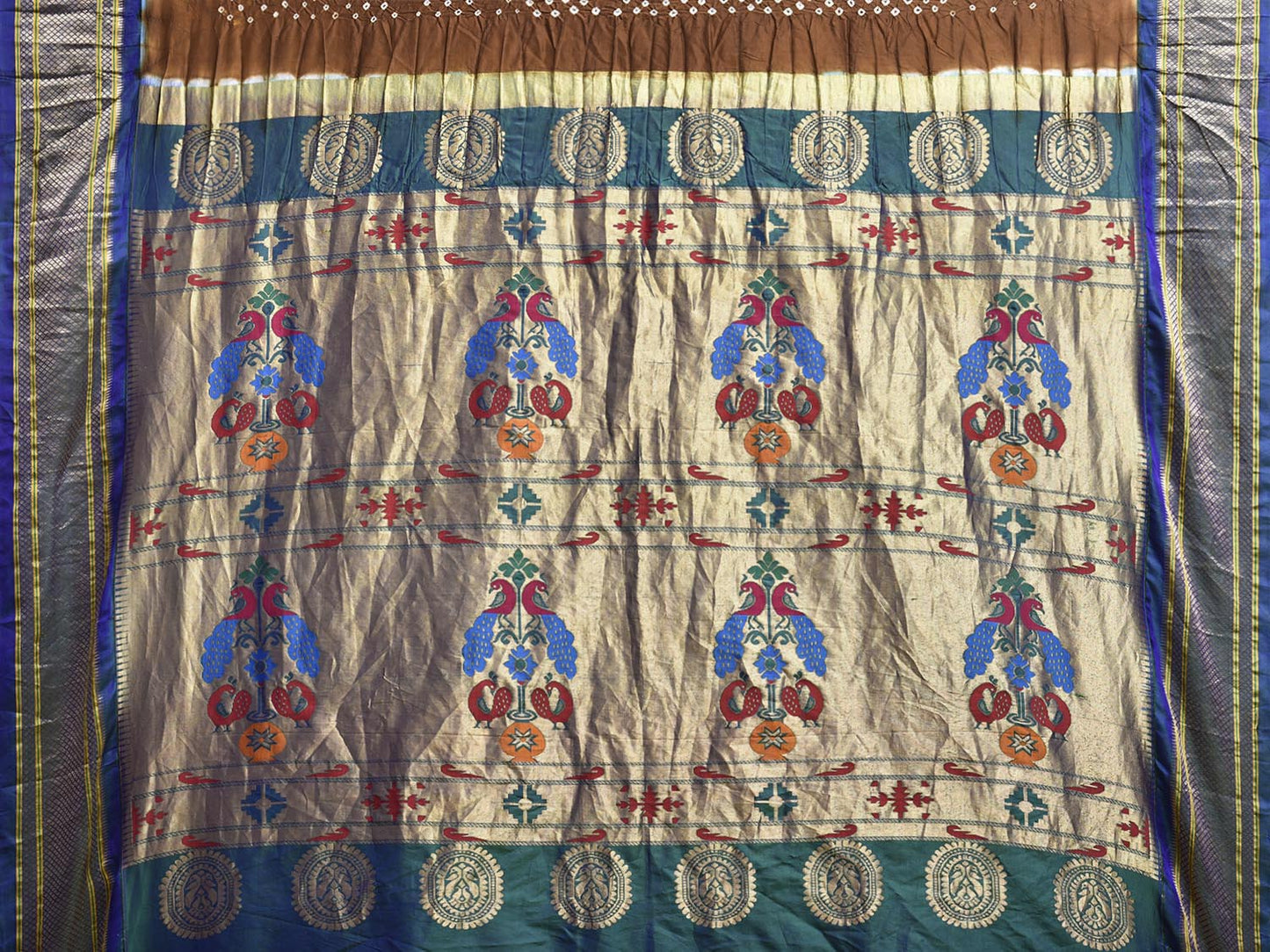 Brown and Teal Bandhani Paithani Silk Saree with Geometric Body and Peacocks Pallu Design bn0507