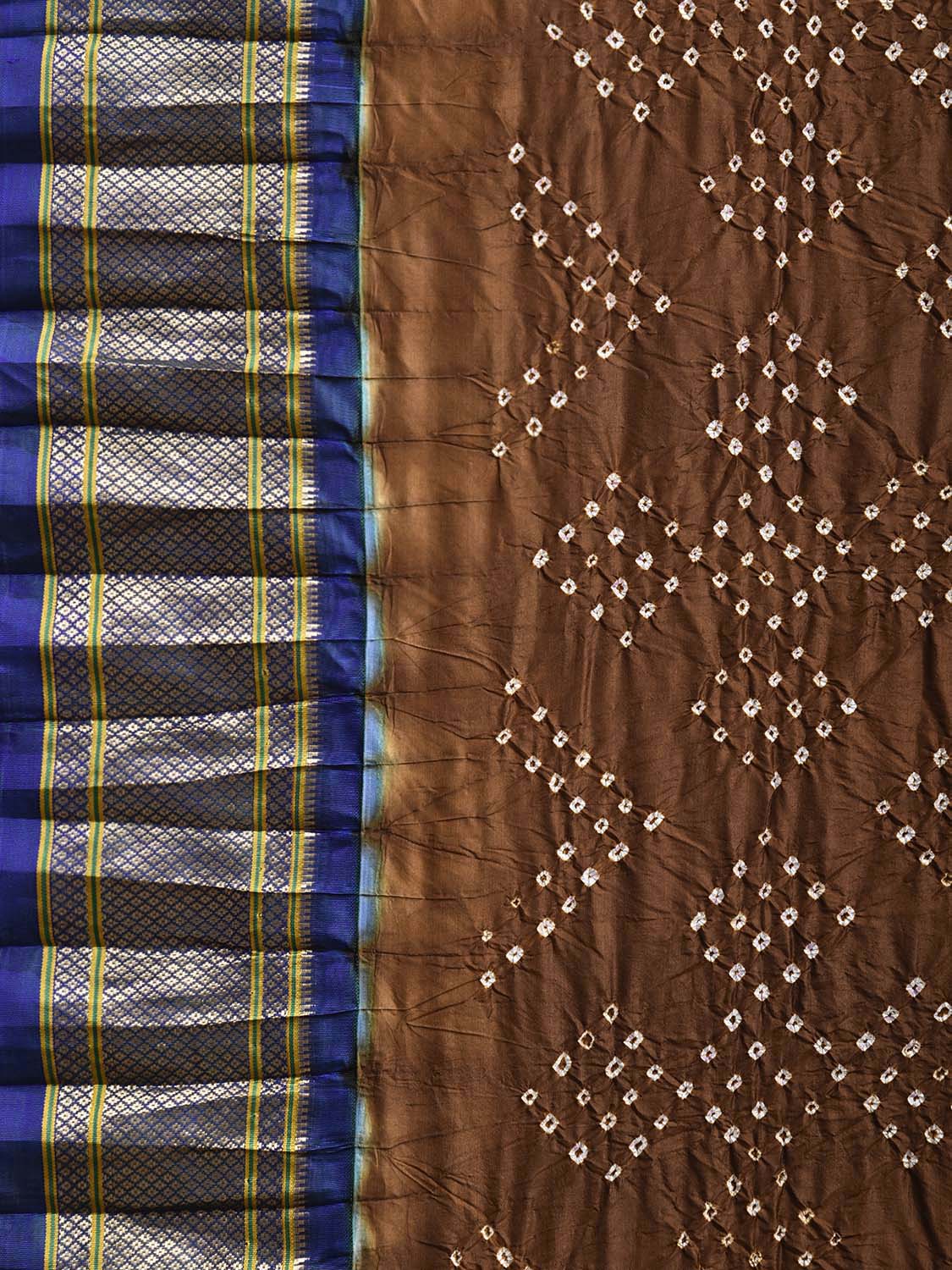 Brown and Teal Bandhani Paithani Silk Saree with Geometric Body and Peacocks Pallu Design bn0507