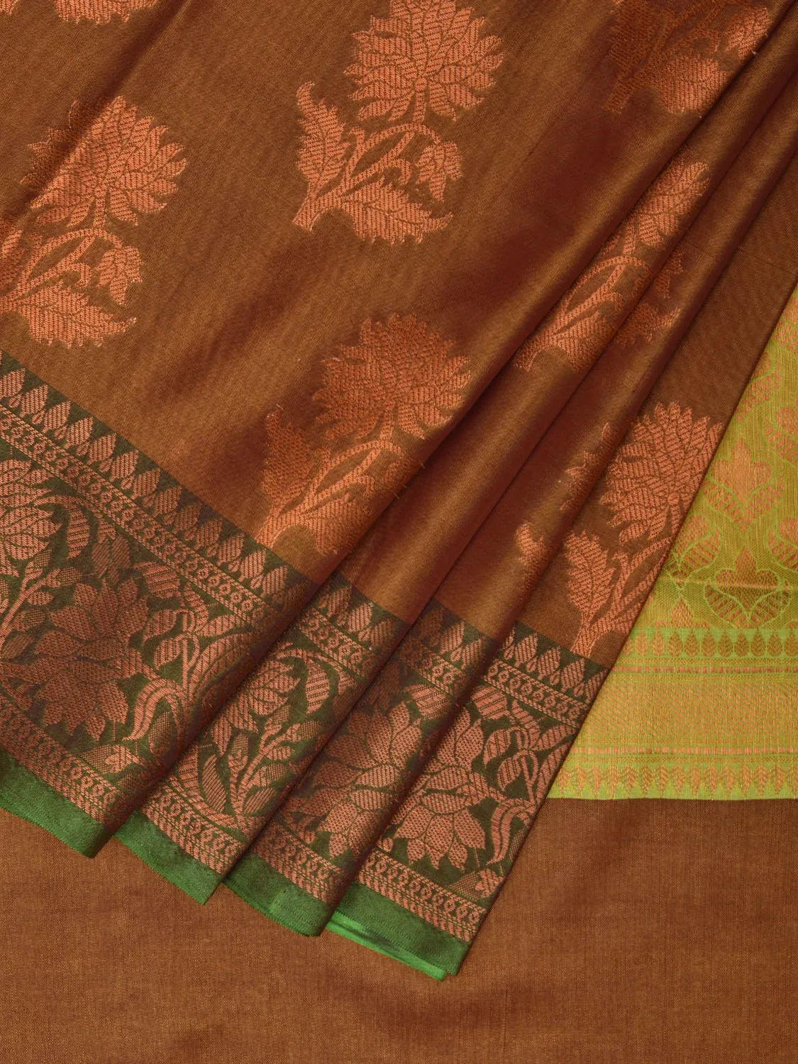 Brown and Green Banaras Katan Silk Saree with Border and Body Butta Design b0053ds