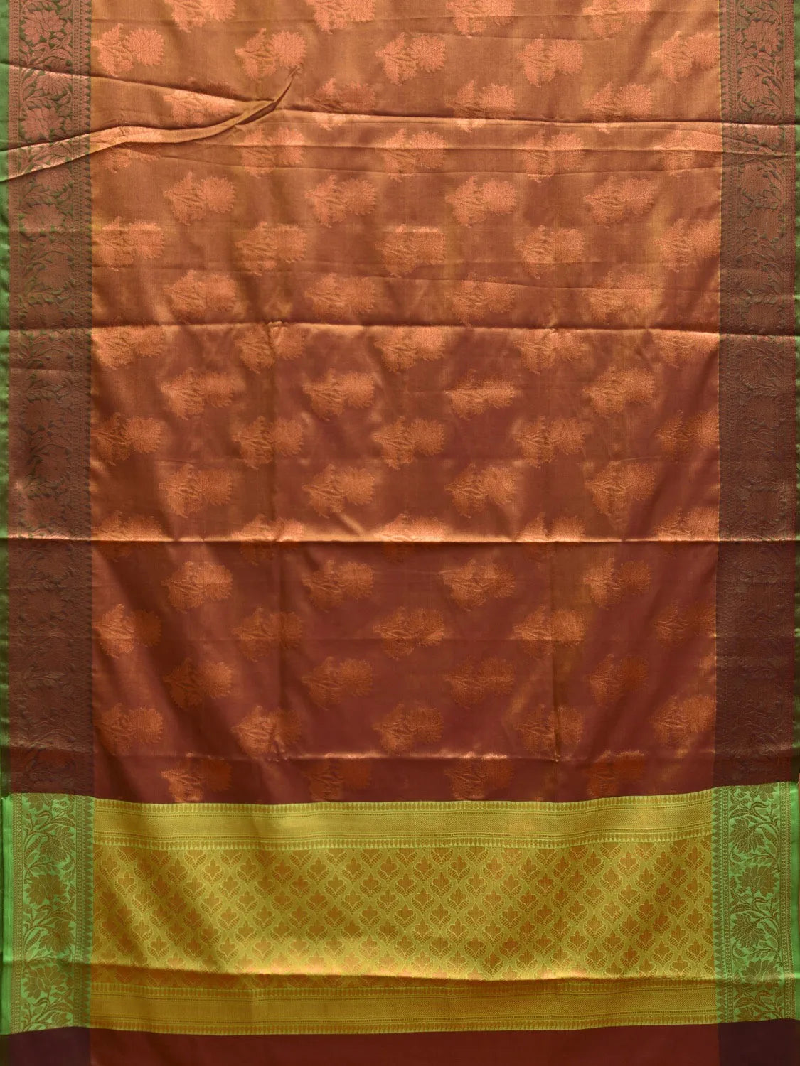 Brown and Green Banaras Katan Silk Saree with Border and Body Butta Design b0053ds