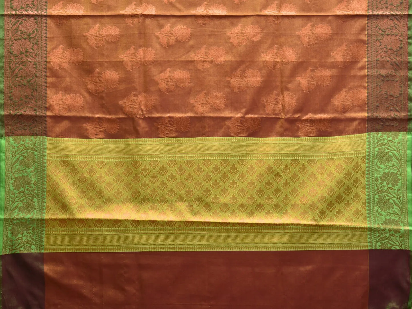Brown and Green Banaras Katan Silk Saree with Border and Body Butta Design b0053ds