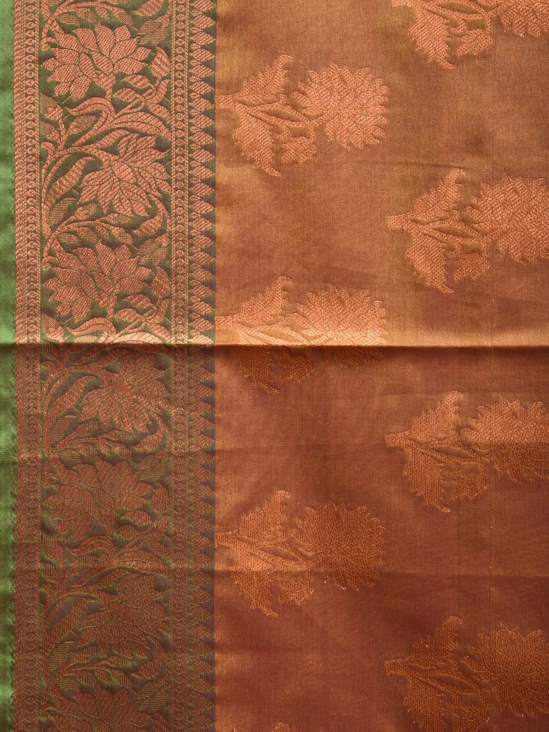 Brown and Green Banaras Katan Silk Saree with Border and Body Butta Design b0053ds