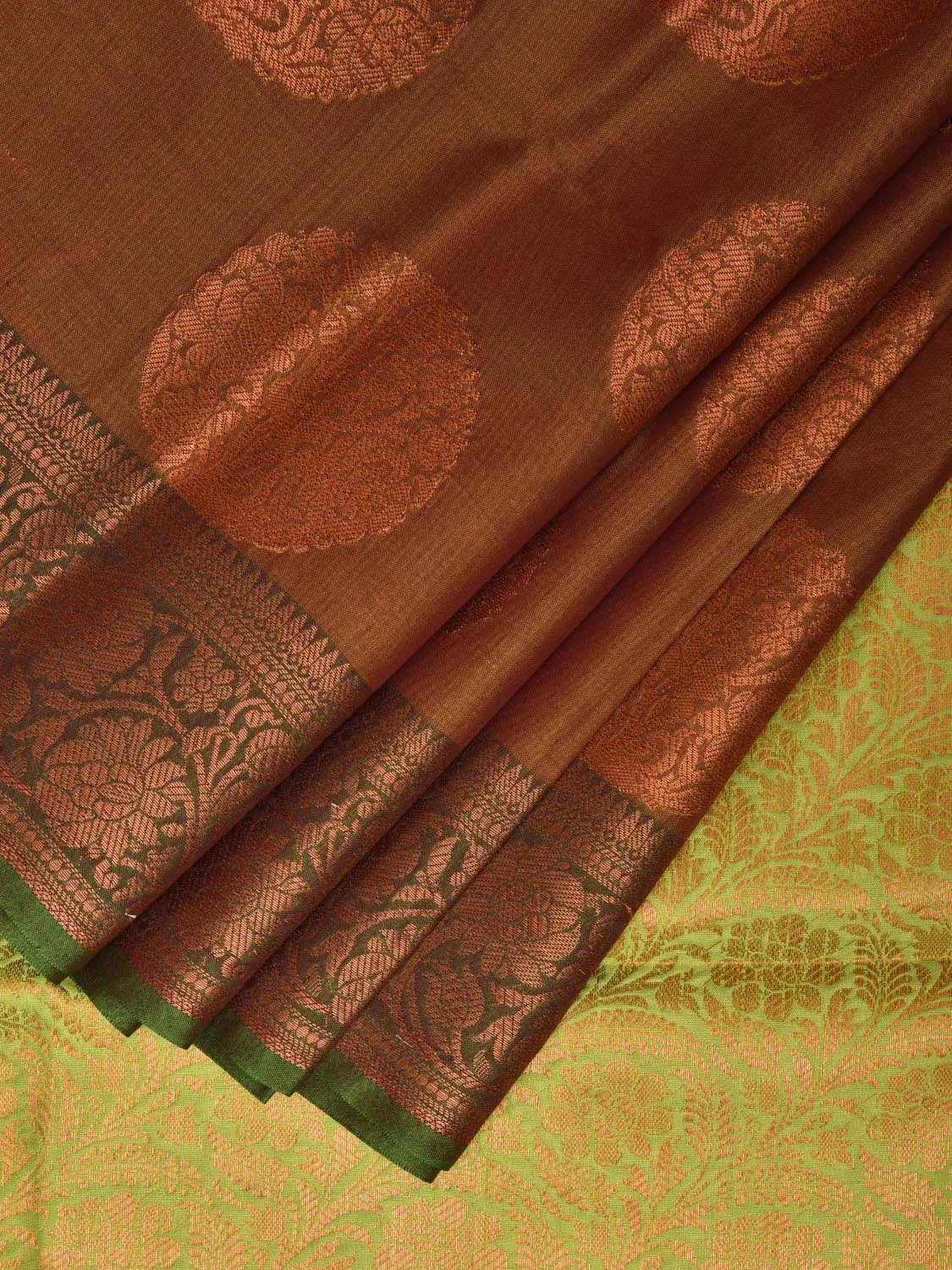 Brown and Green Katan Silk Saree with Border and Body Butta Design b0154ds
