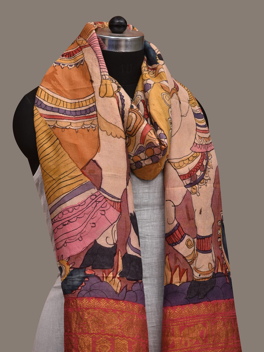 Burgundy and Red Kalamkari Hand Painted Kanchipuram Silk Handloom Dupatta with Krishna Design ds2972