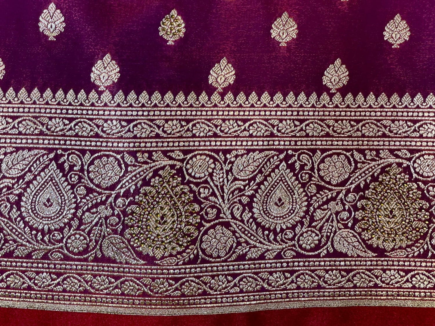 Burgundy Banaras Katan Silk Saree with Body Butti and Stone Work Design b0381ds