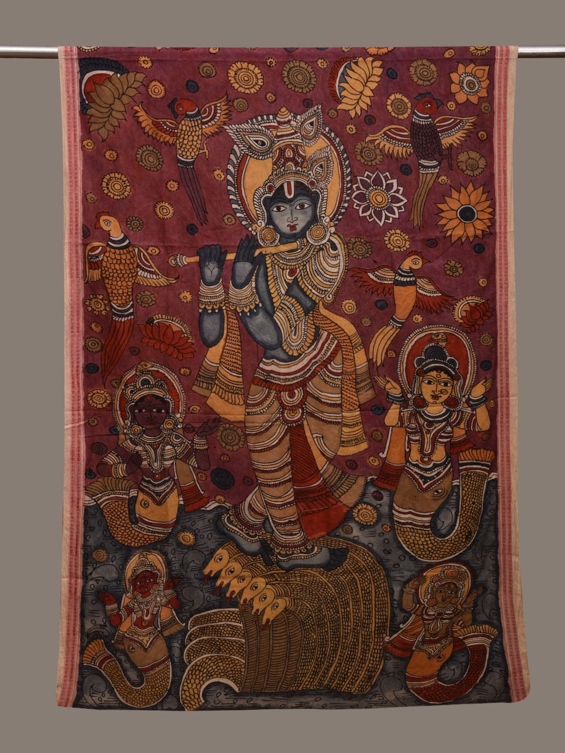 Burgundy Kalamkari Hand Painted Cotton Handloom Dupatta with Krishna Design ds3003