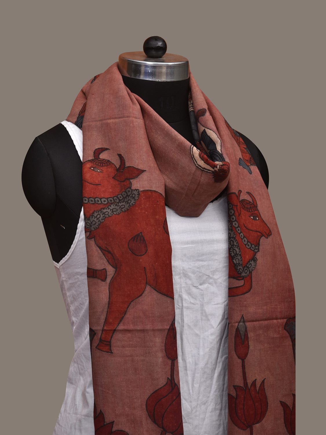 Burgundy Kalamkari Hand Painted Cotton Tussar Handloom Dupatta with Krishna and Cows Design ds3058
