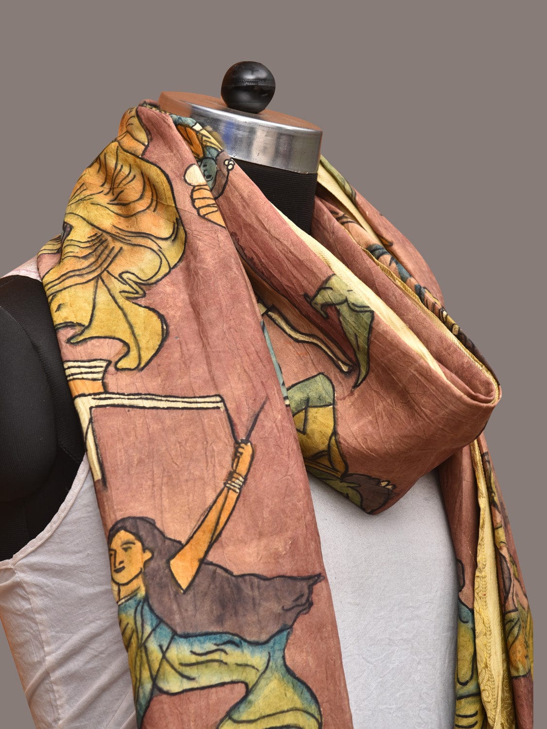 Burgundy Kalamkari Hand Painted Kanchipuram Silk Handloom Dupatta with Painting Design ds3501
