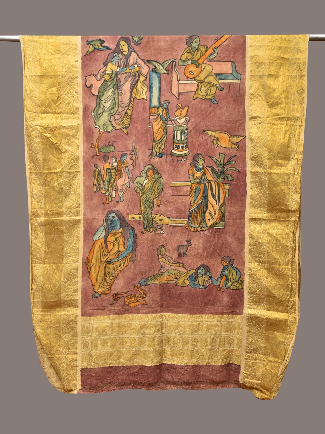 Burgundy Kalamkari Hand Painted Kanchipuram Silk Handloom Dupatta with Painting Design ds3501