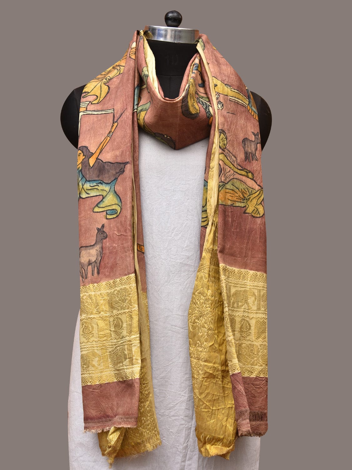 Burgundy Kalamkari Hand Painted Kanchipuram Silk Handloom Dupatta with Painting Design ds3501