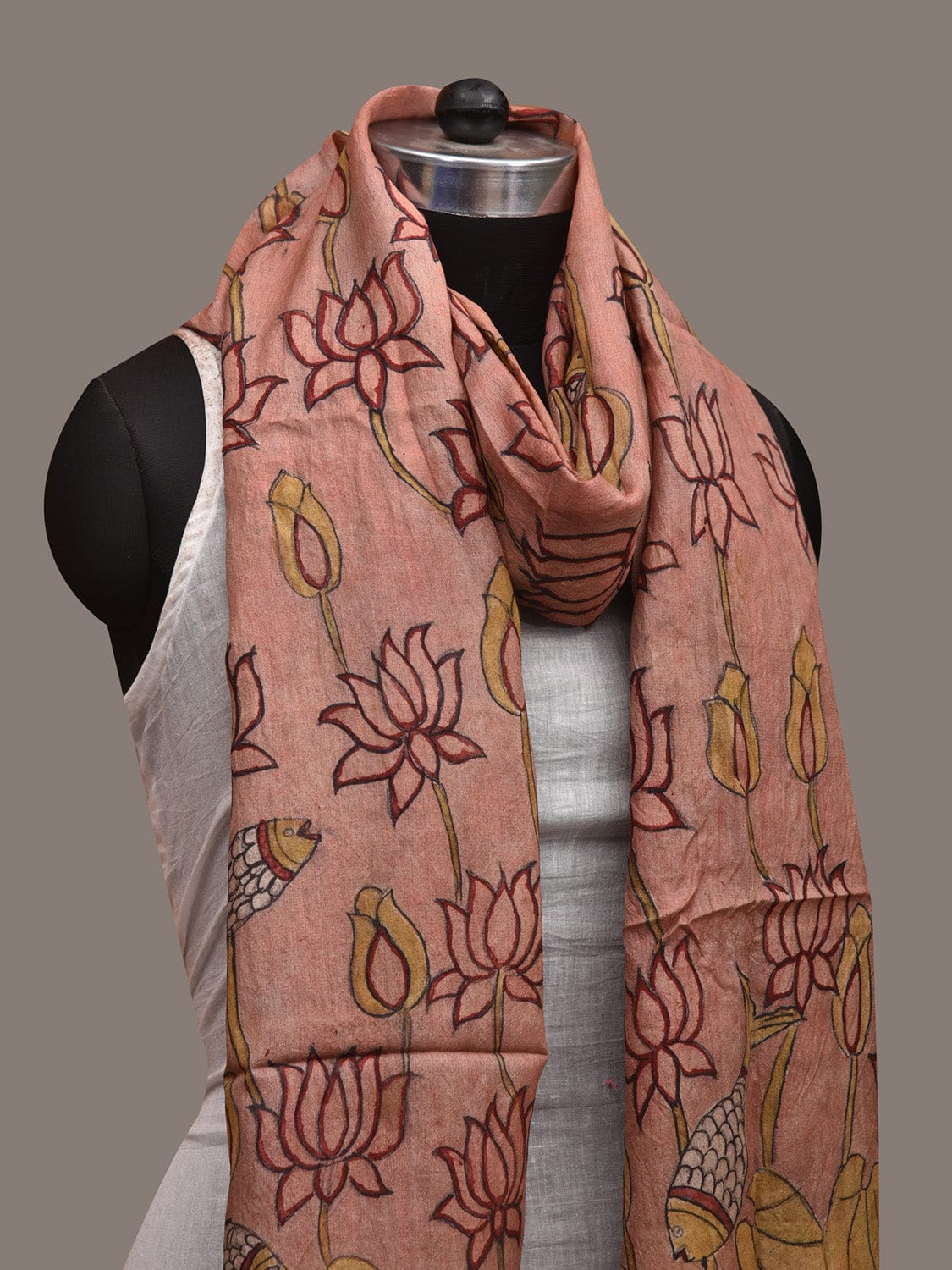 Burgundy Kalamkari Hand Painted Tussar Handloom Dupatta with Lotus Flowers and Fishes Design ds2978