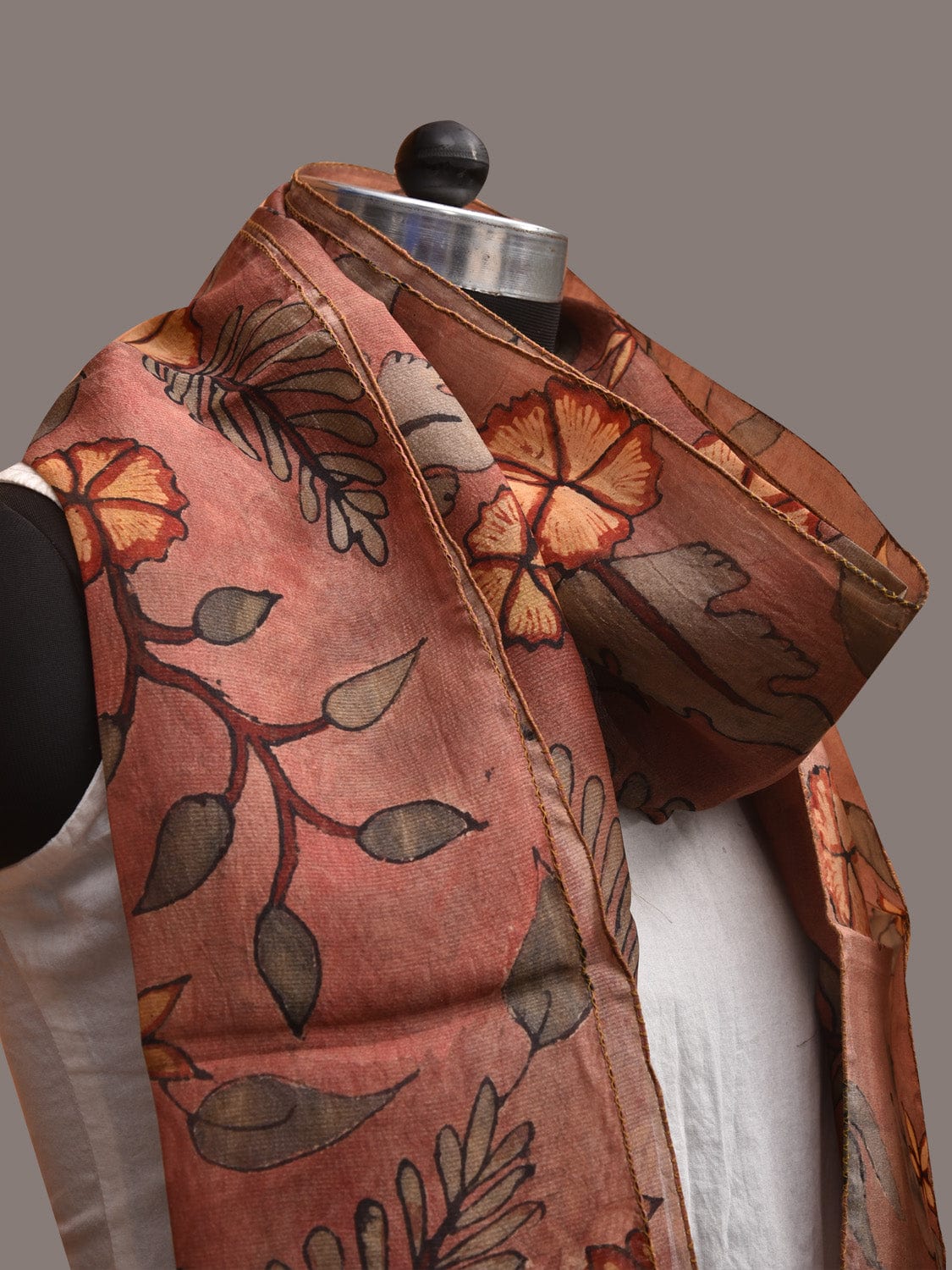 Burgundy Kalamkari Hand Painted Tussar Silk Stole with Floral Design ds3590