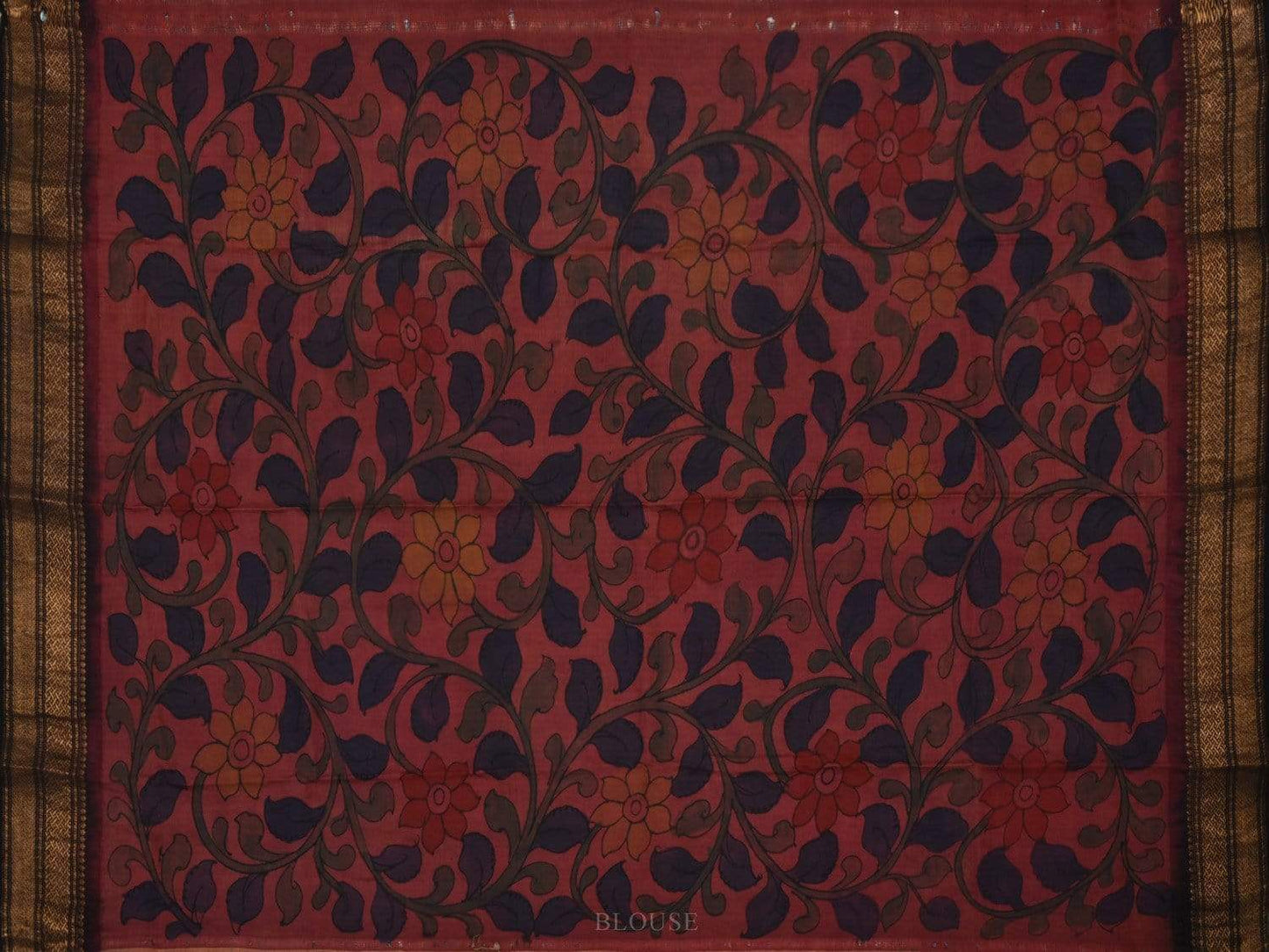 Cream and Black Kalamkari Hand Painted Kanchipuram Silk Handloom Saree with Floral Design KL0544