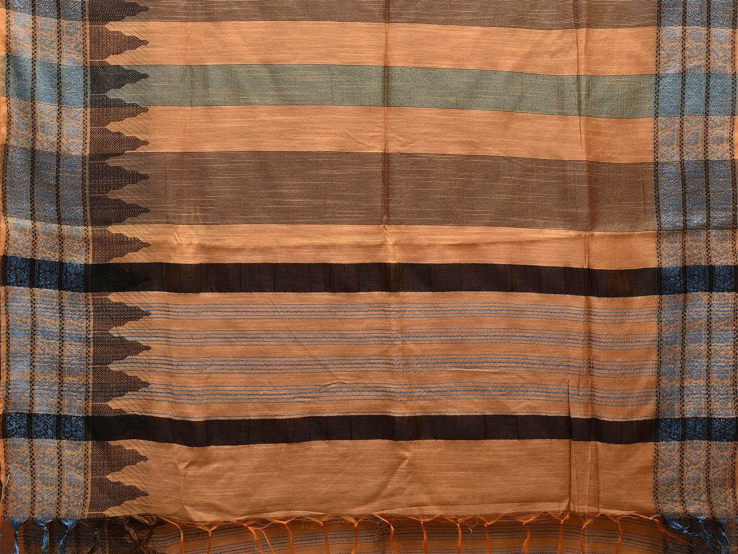 Cream and Black Tussar Saree with Temple Border and Strips Pallu Design o0571