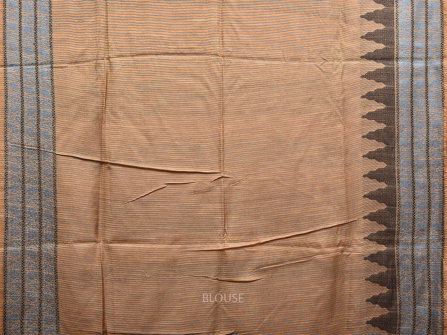 Cream and Black Tussar Saree with Temple Border and Strips Pallu Design o0571