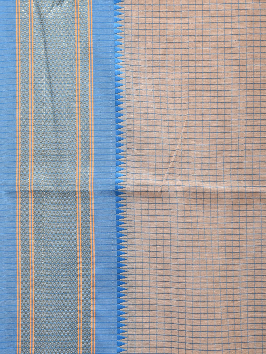 Cream and Blue Bamboo Cotton Saree with Checks Design No Blouse bc0248