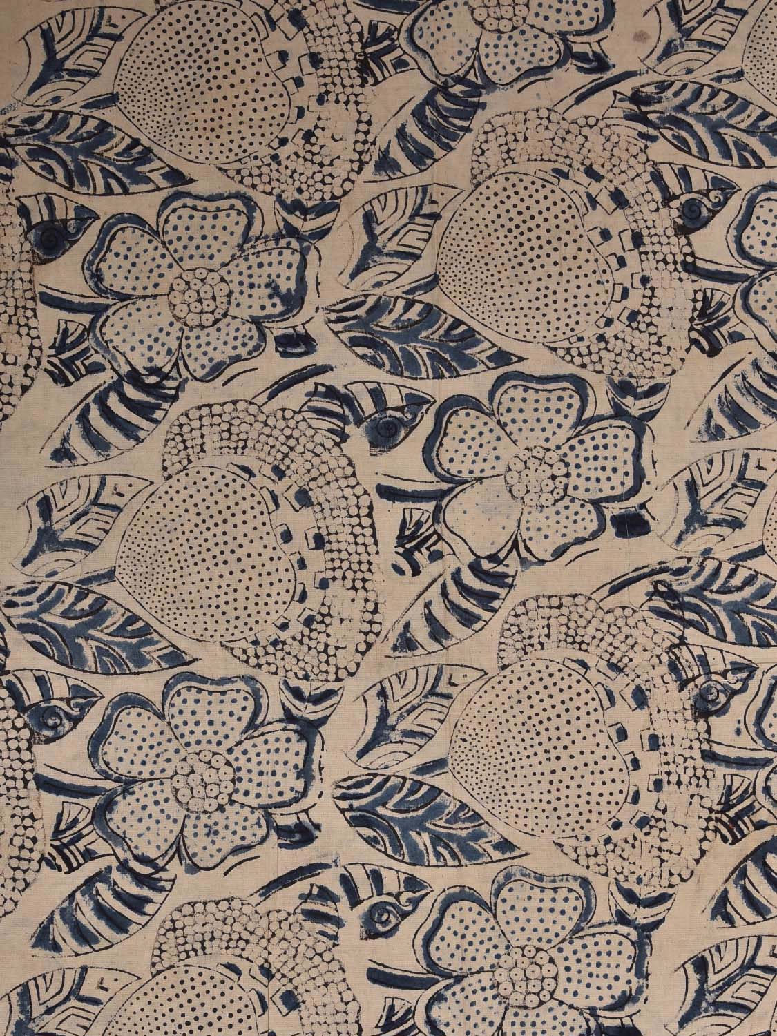 Cream and Blue Kalamkari Block Print Cotton Blouse with Floral Design Length 1mt Width 44 Inches BL0124