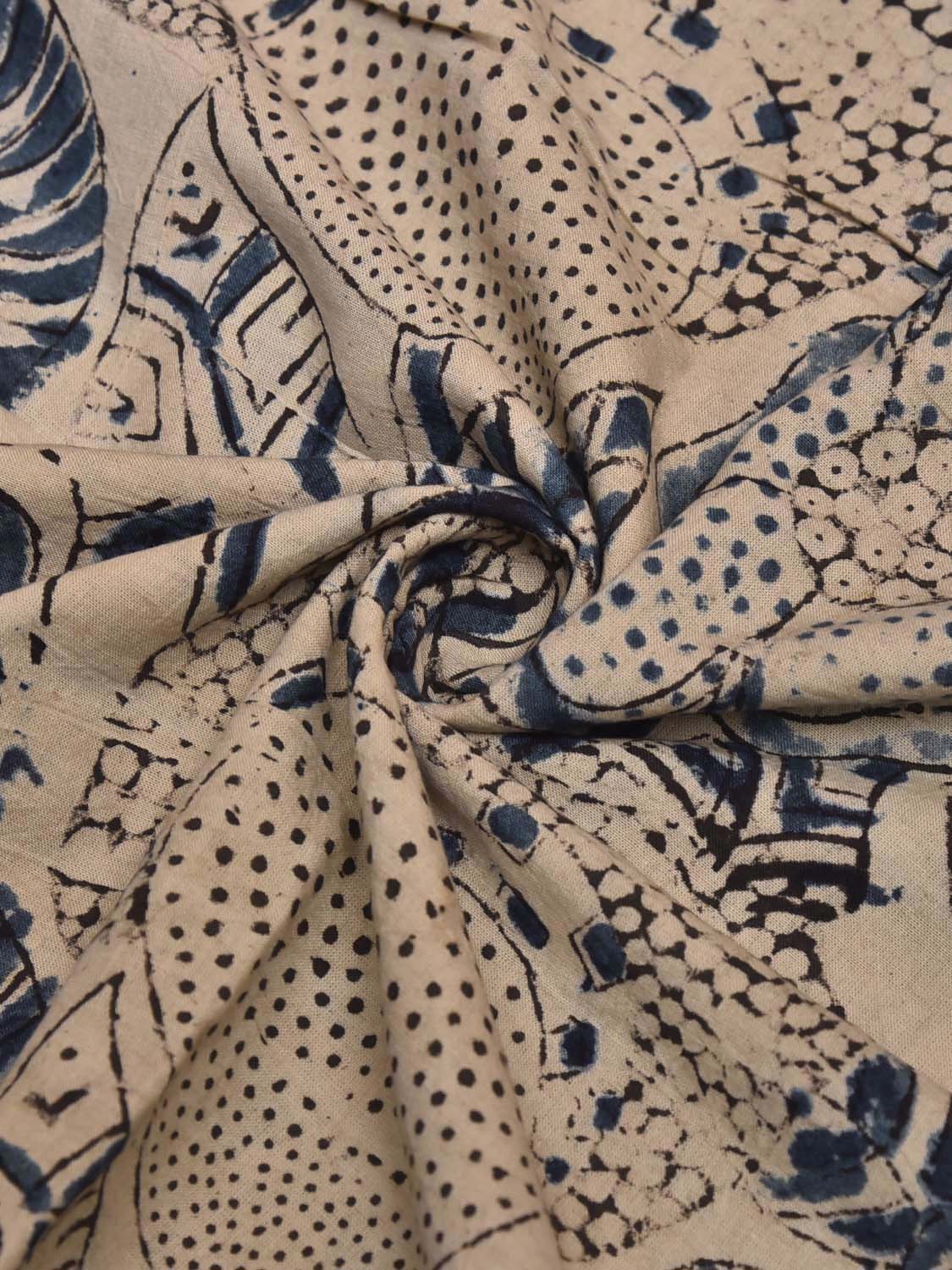 Cream and Blue Kalamkari Block Print Cotton Blouse with Floral Design Length 1mt Width 44 Inches BL0124