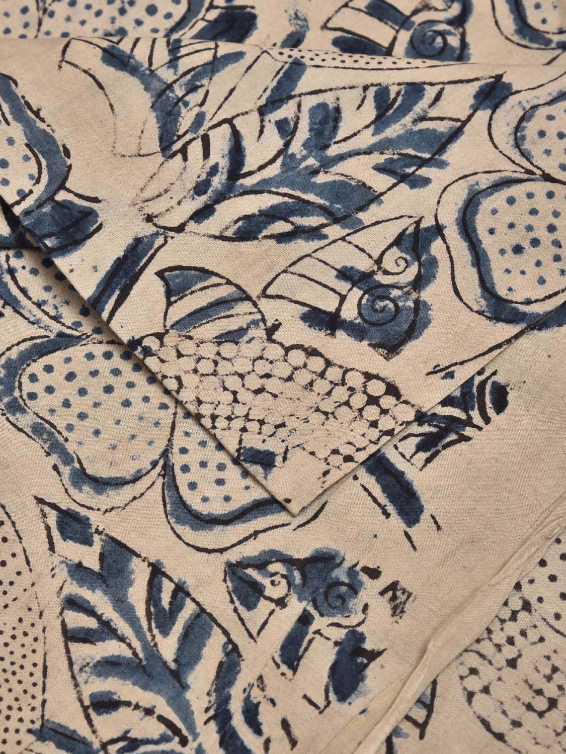 Cream and Blue Kalamkari Block Print Cotton Blouse with Floral Design Length 1mt Width 44 Inches BL0124