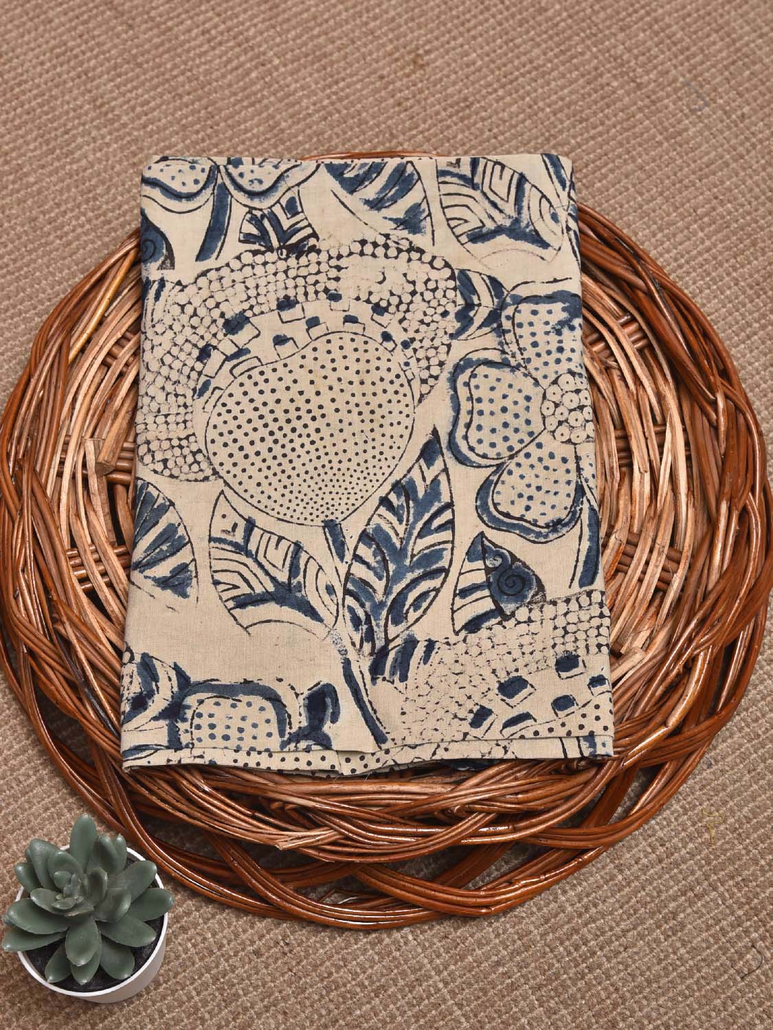 Cream and Blue Kalamkari Block Print Cotton Blouse with Floral Design Length 1mt Width 44 Inches BL0124