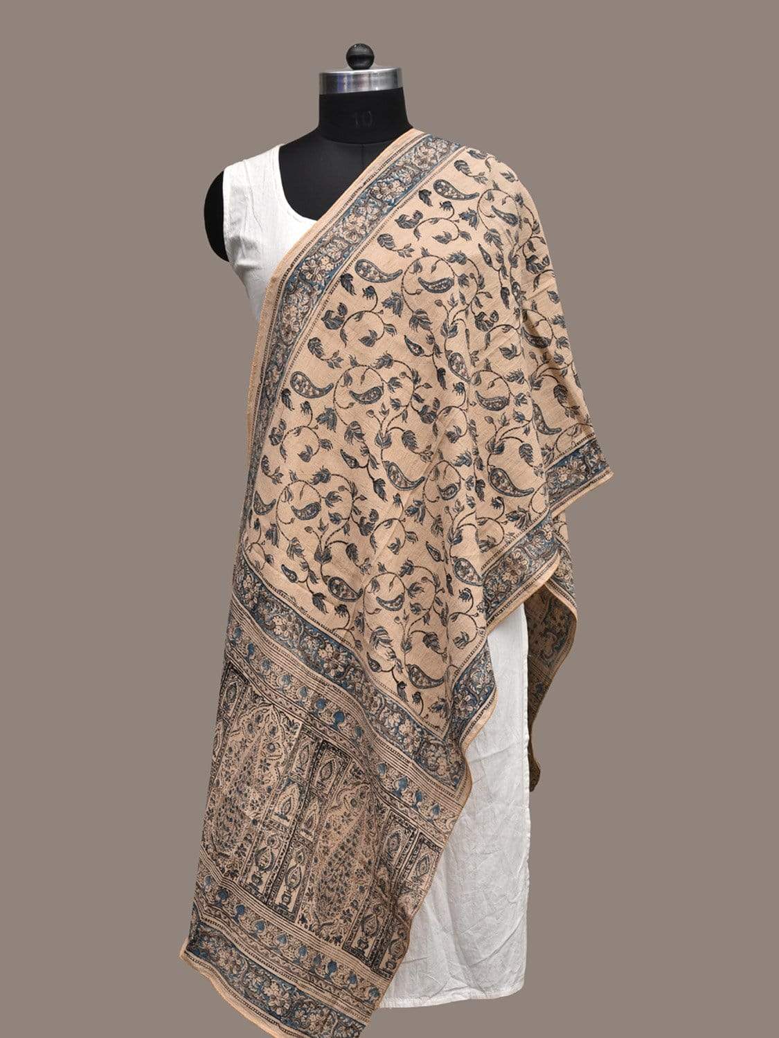 Cream and Blue Kalamkari Block Printed Cotton Handloom Stole ds2241