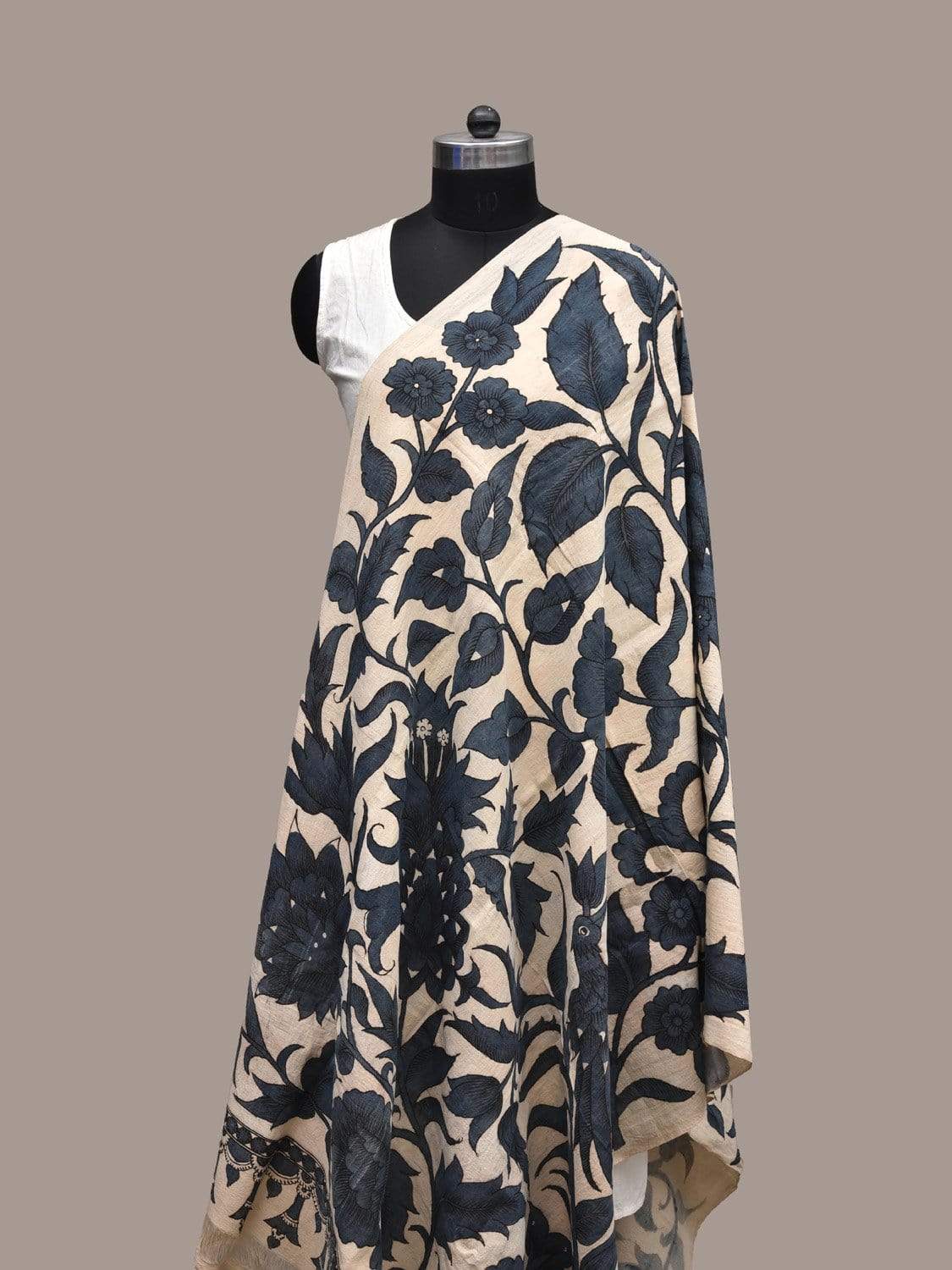 Cream and Blue Kalamkari Hand Painted Cotton Handloom Dupatta with Birds and Flowers Design ds2229