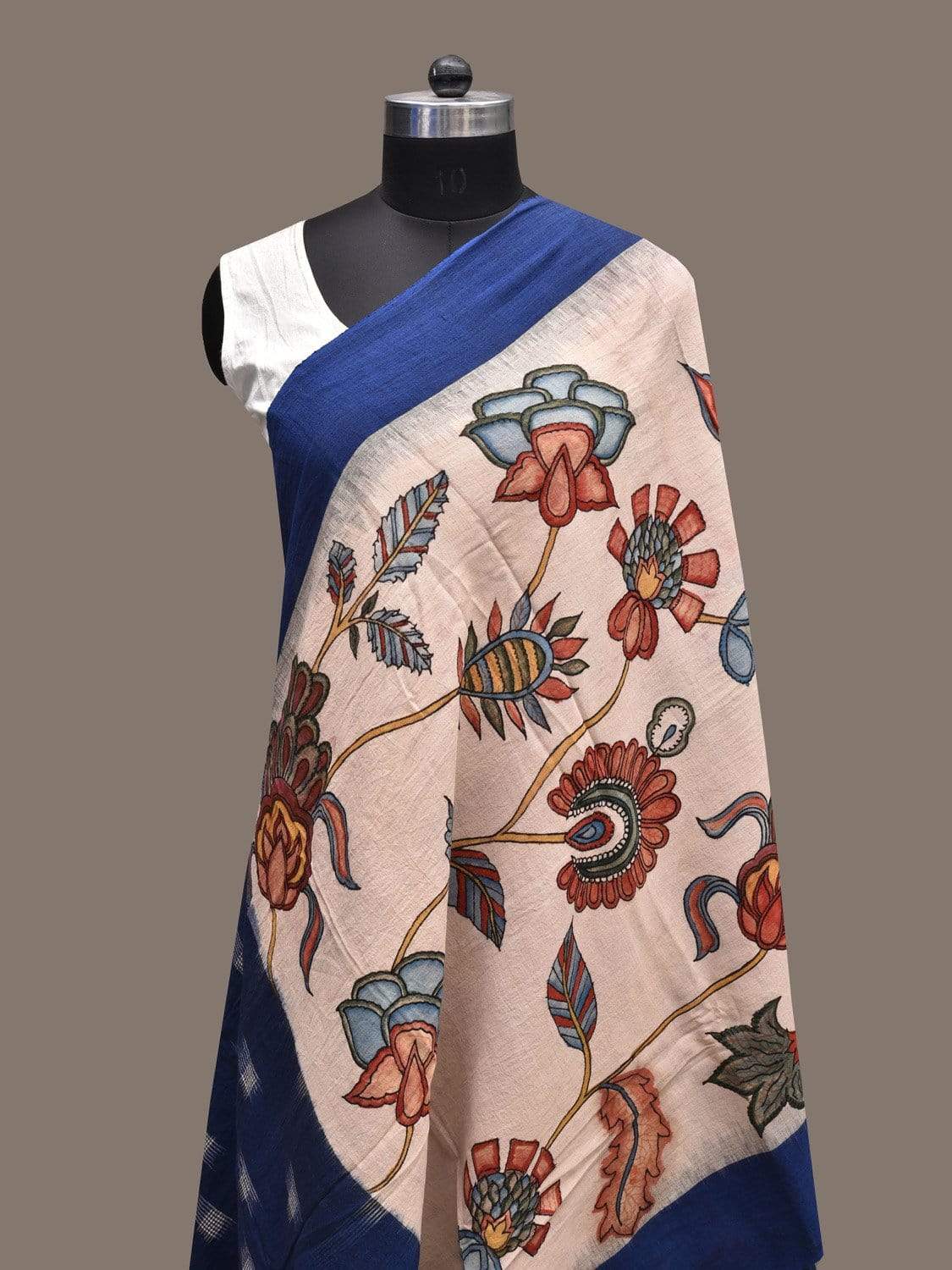 Cream and Blue Kalamkari Hand Painted Ikat Cotton Handloom Dupatta with Floral Design ds2282