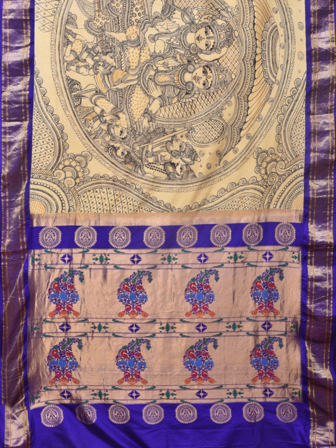 Cream and Blue Kalamkari Hand Painted Paithani Silk Handloom Saree with Ramayana Design KL0753