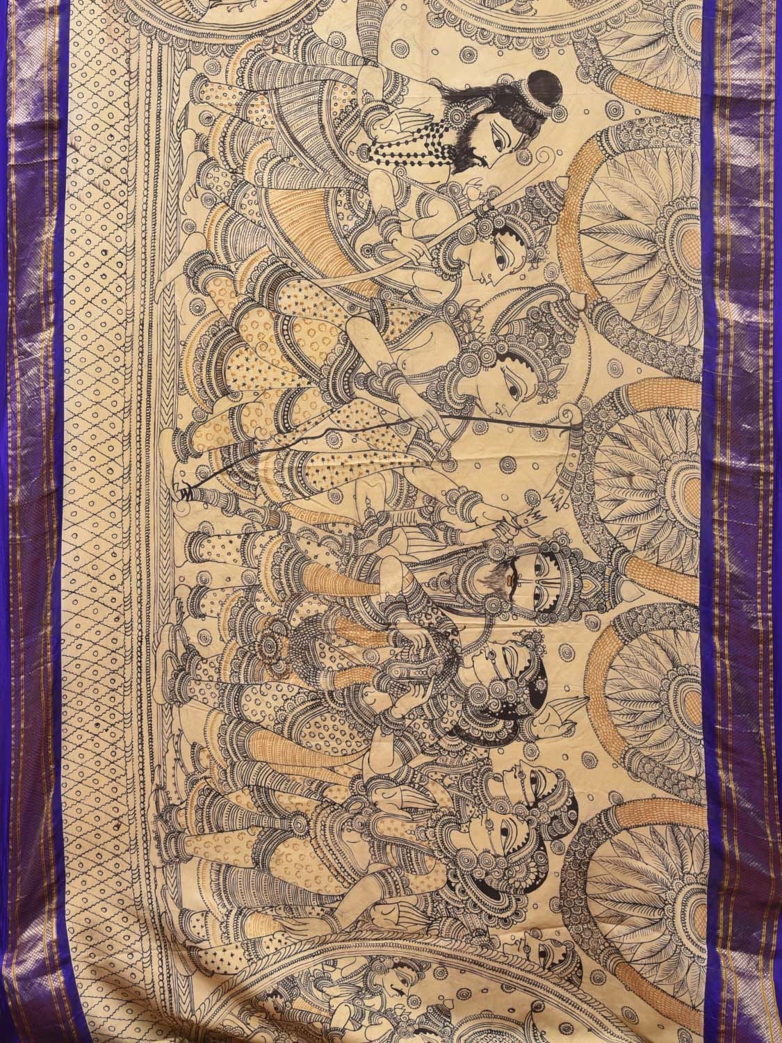 Cream and Blue Kalamkari Hand Painted Paithani Silk Handloom Saree with Ramayana Design KL0753