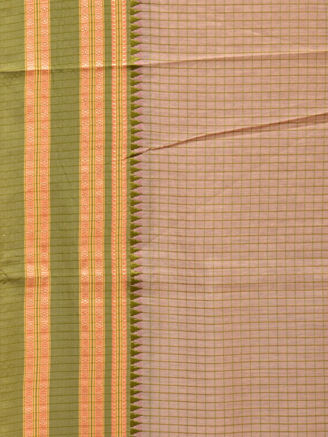 Cream and Green Bamboo Cotton Saree with Checks Design No Blouse bc0261