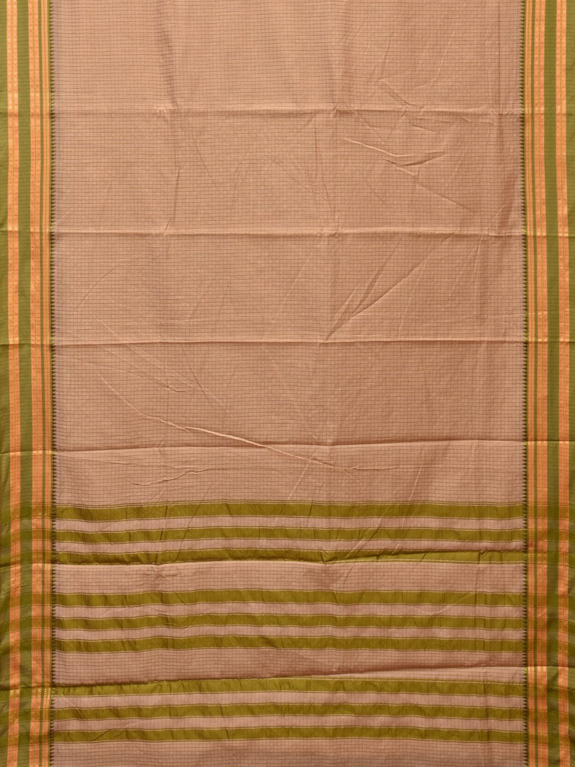 Cream and Green Bamboo Cotton Saree with Checks Design No Blouse bc0261